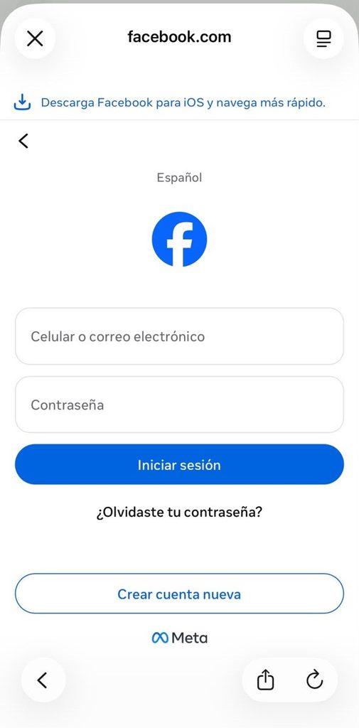 Pantalla para acceder a página de Facebook desde el navegador