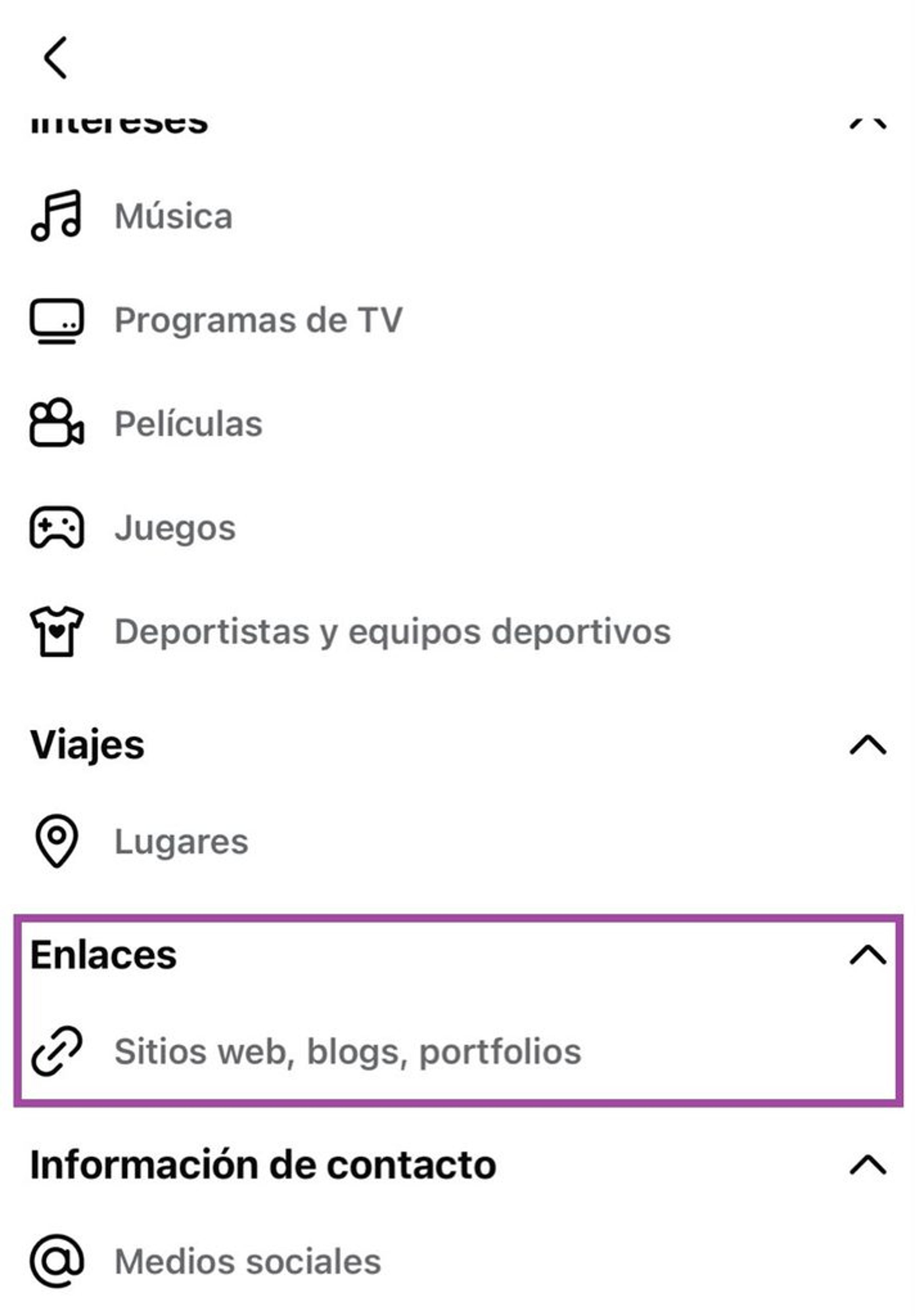 Pantalla de sección de enlaces en perfil de Facebook