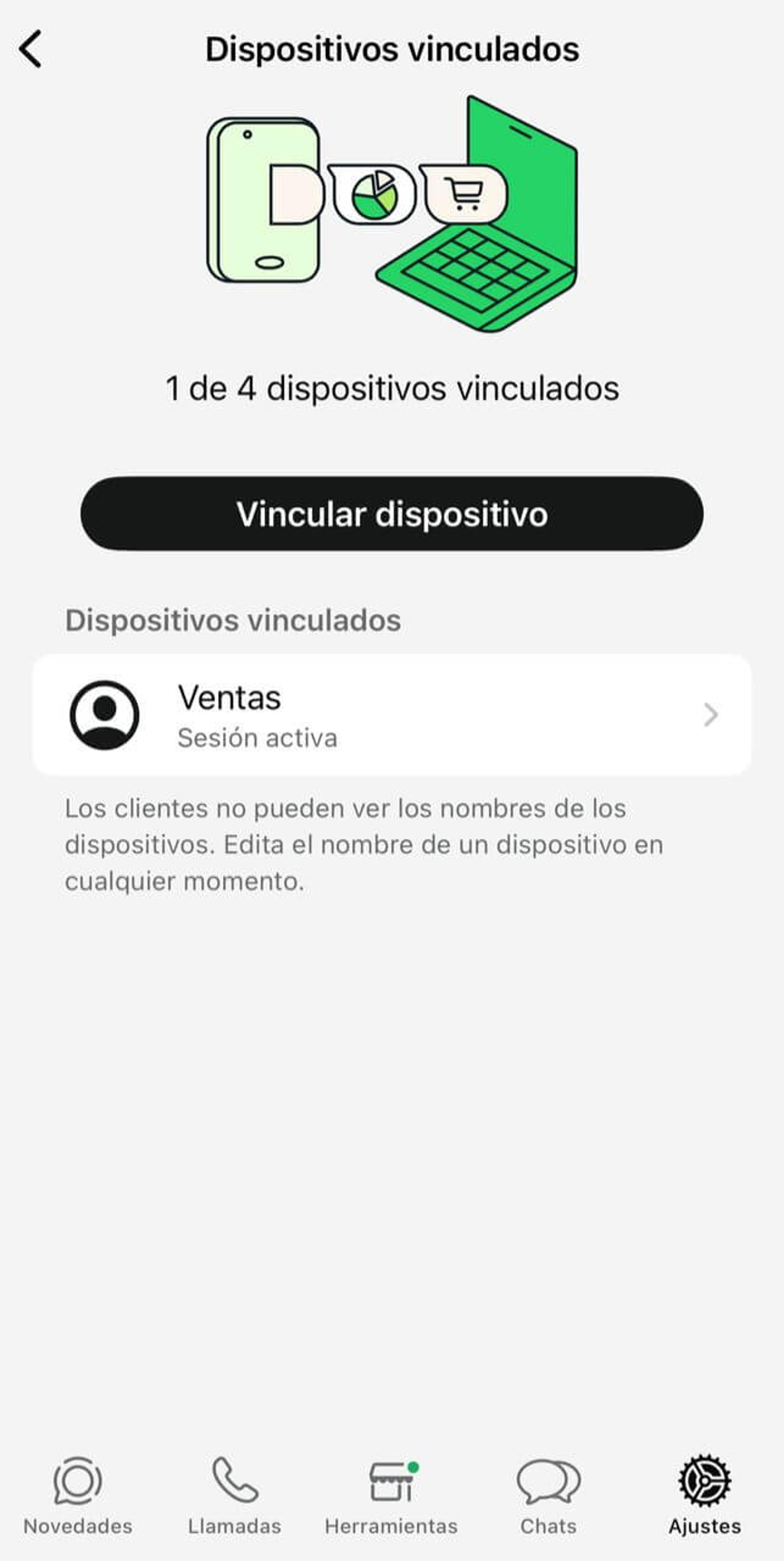 Pantalla de WhatsApp para asignar nombre de dispositivo vinculado