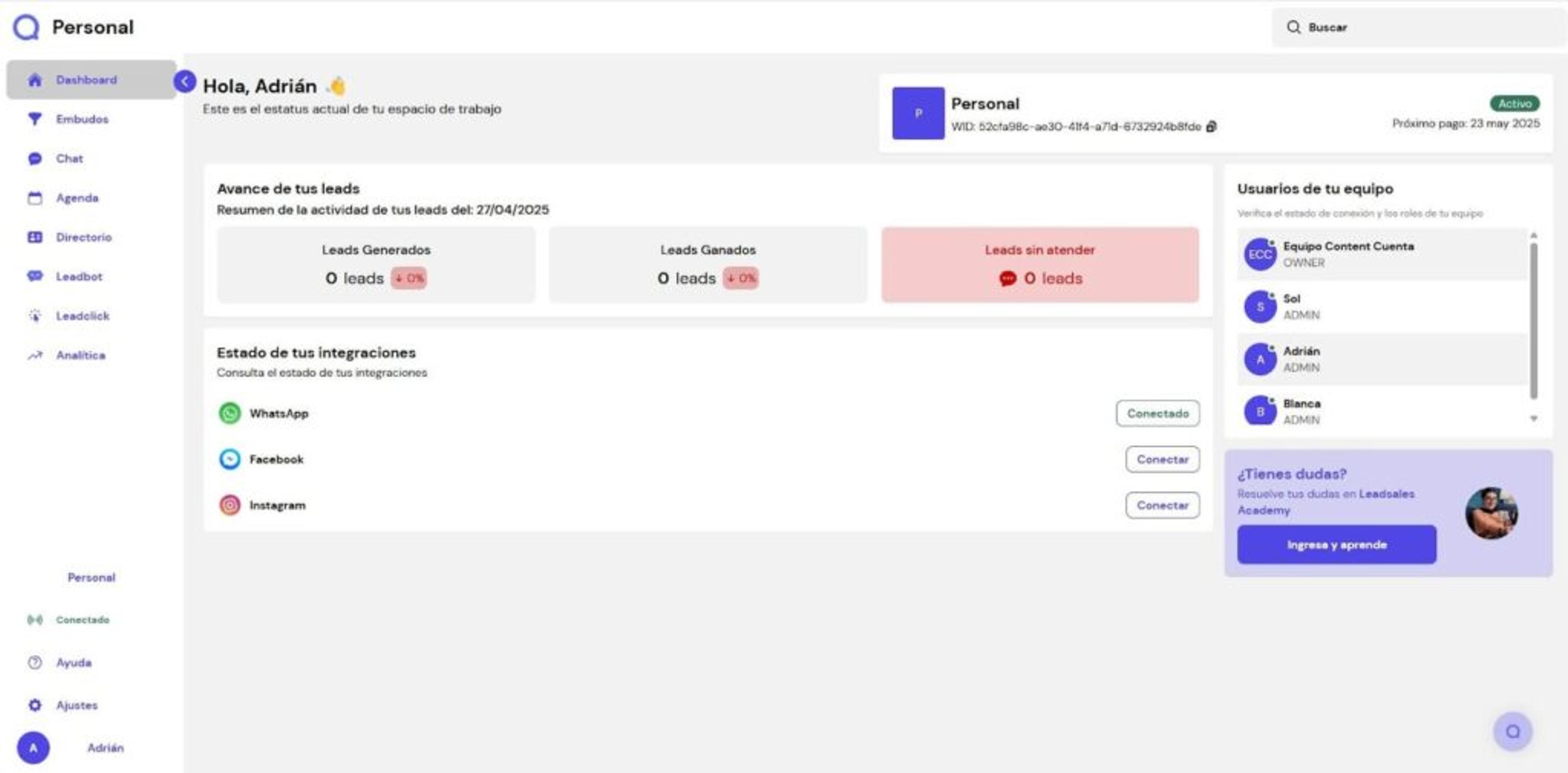 Pantalla de Leadsales CRM