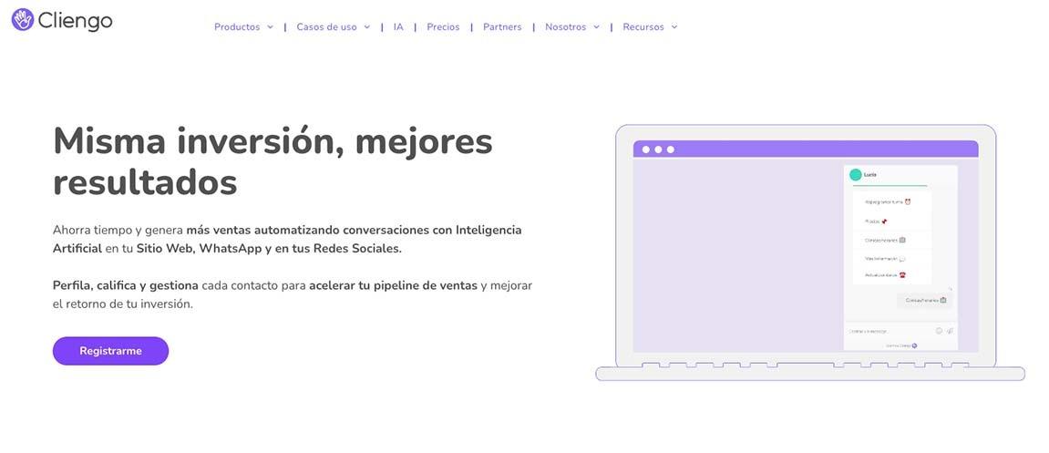 Captura de pantalla de la página web de Cliengo