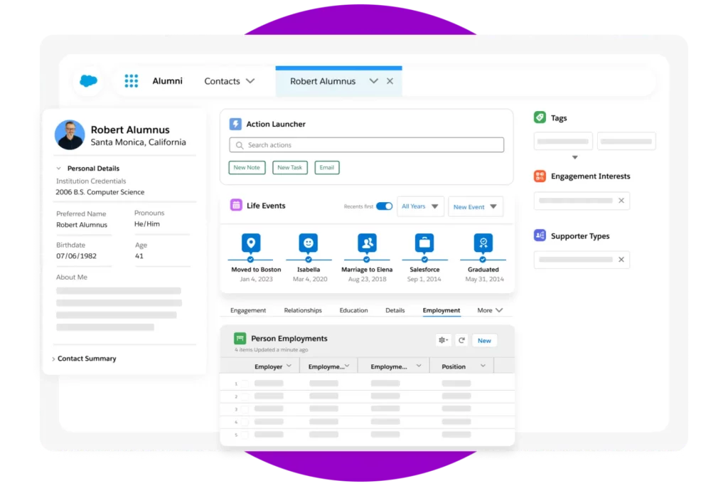 Ficha de exalumno en Salesforce Education Cloud con datos personales, línea de tiempo de eventos de vida e historial laboral.