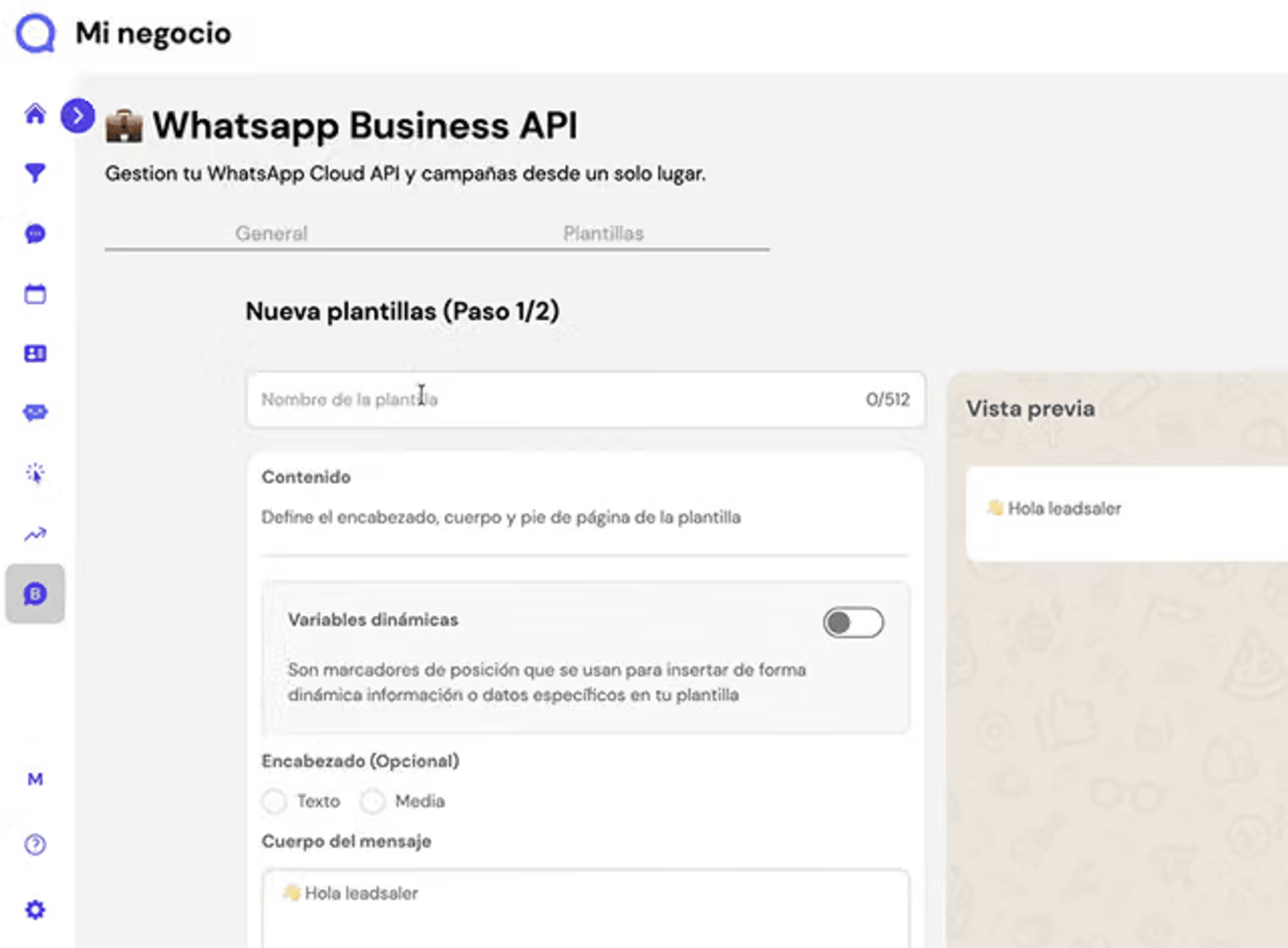 Pantalla de creación de plantilla de mensajes de WhatsApp en Leadsales