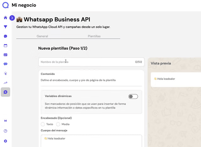 Pantalla de creación de plantilla de mensajes de WhatsApp en Leadsales