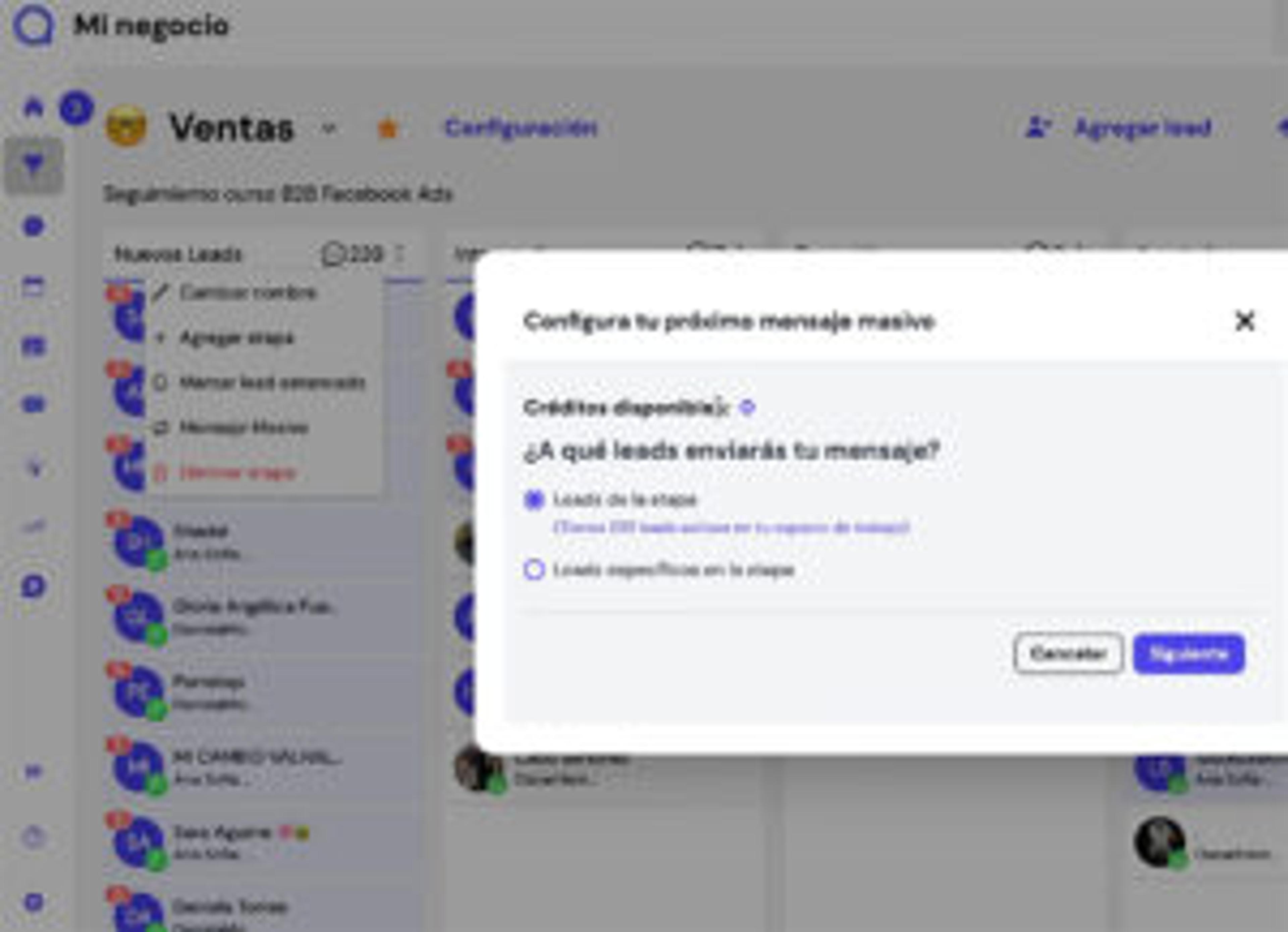 Captura de pantalla del panel principal de Leadsales que muestra el paso 5 para mandar mil mensajes por WhatsApp: seleccionar la etapa