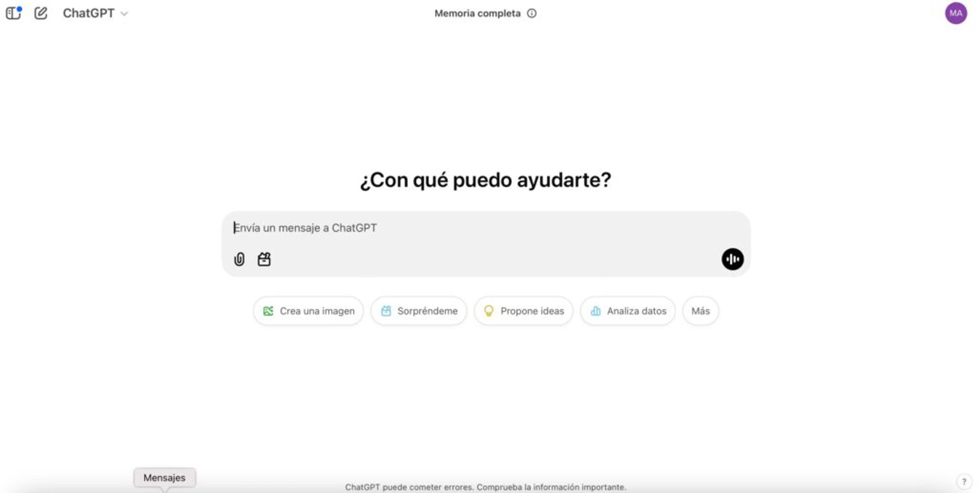 Pantalla de chat de ChatGPT