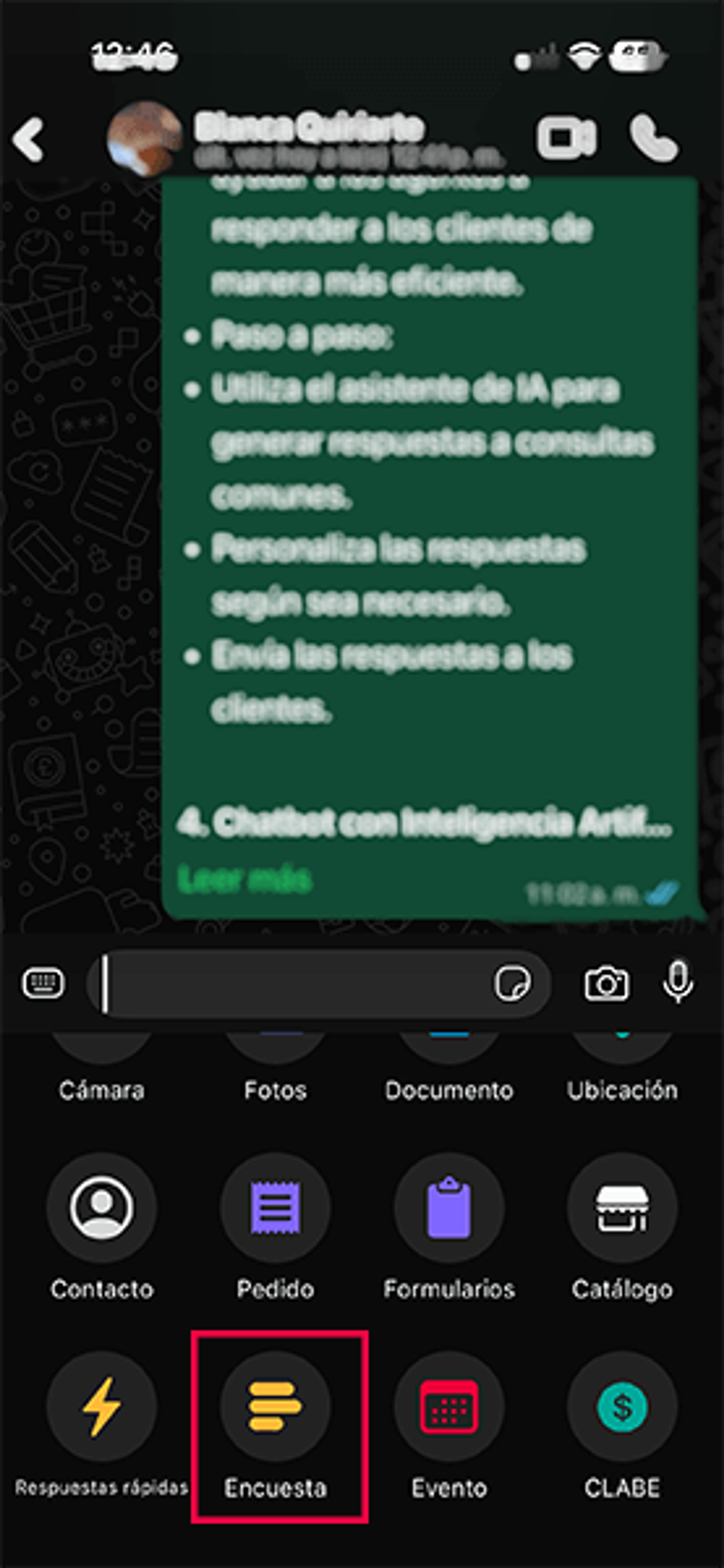 Menú de adjuntar en WhatsApp iPhone con la opción Encuesta resaltada en rojo
