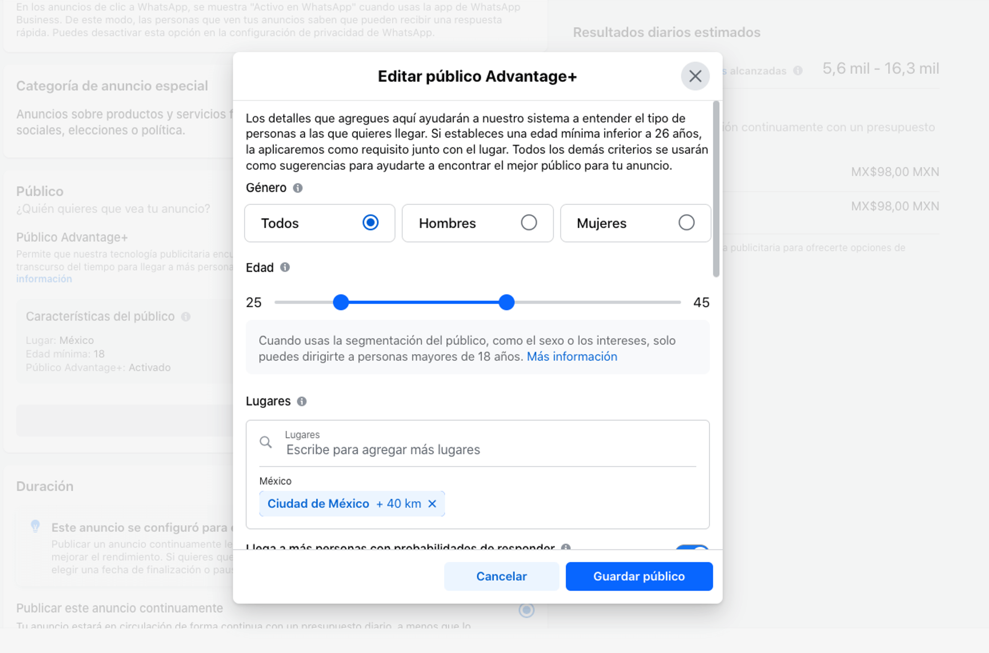 Captura de pantalla del sexto paso para configurar un anuncio con CTA a WhatsApp: selecciona a tu público
