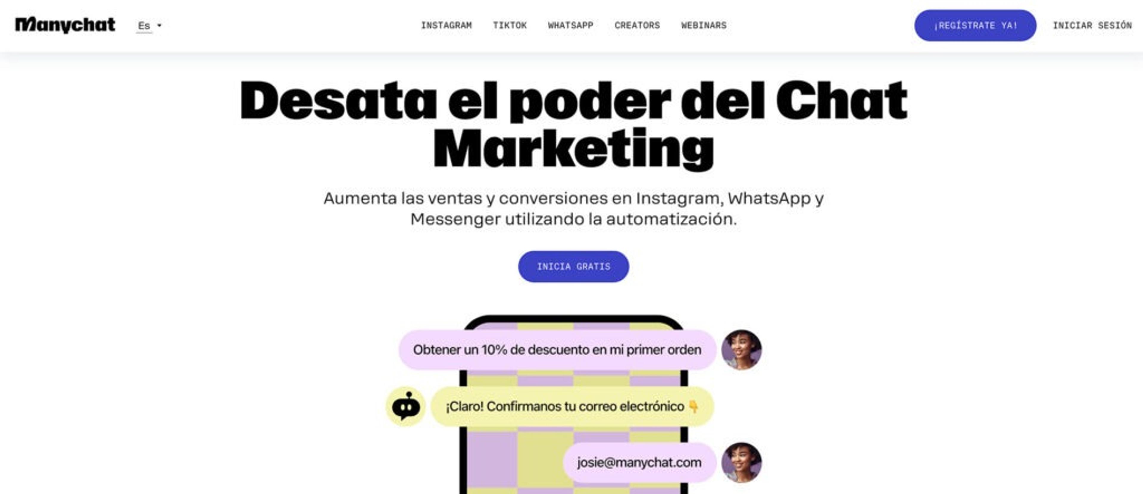 Captura de pantalla de la página web de ManyChat con el mensaje