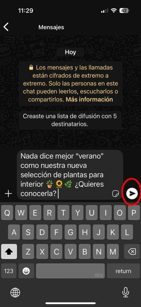 Captura de pantalla de la app WhatsApp Business mostrando cómo enviar mensajes masivos creando listas de difusión: escribir el mensaje