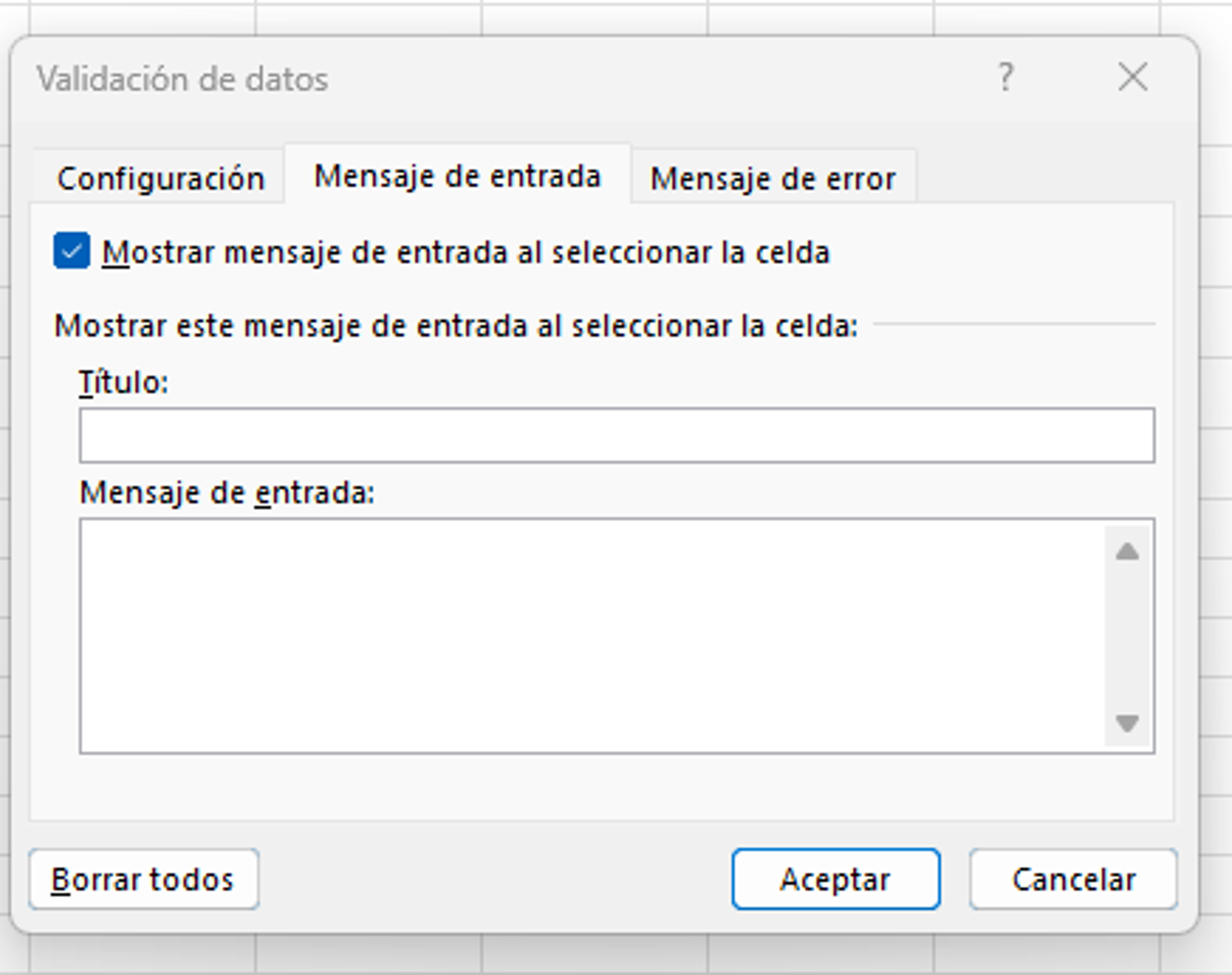 Configuración de validación de datos en Excel de control de ventas