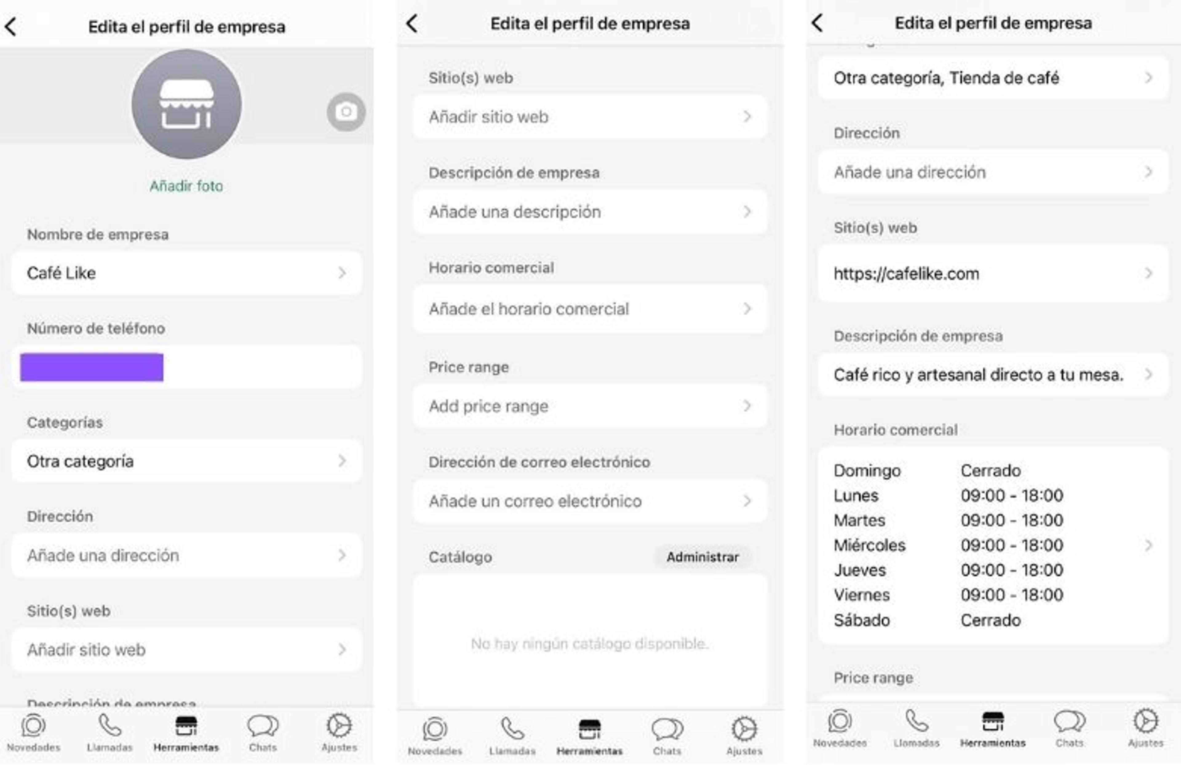 Pantalla de configuración de perfil en WhatsApp Business