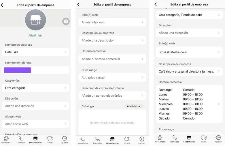 Pantalla de configuración de perfil en WhatsApp Business