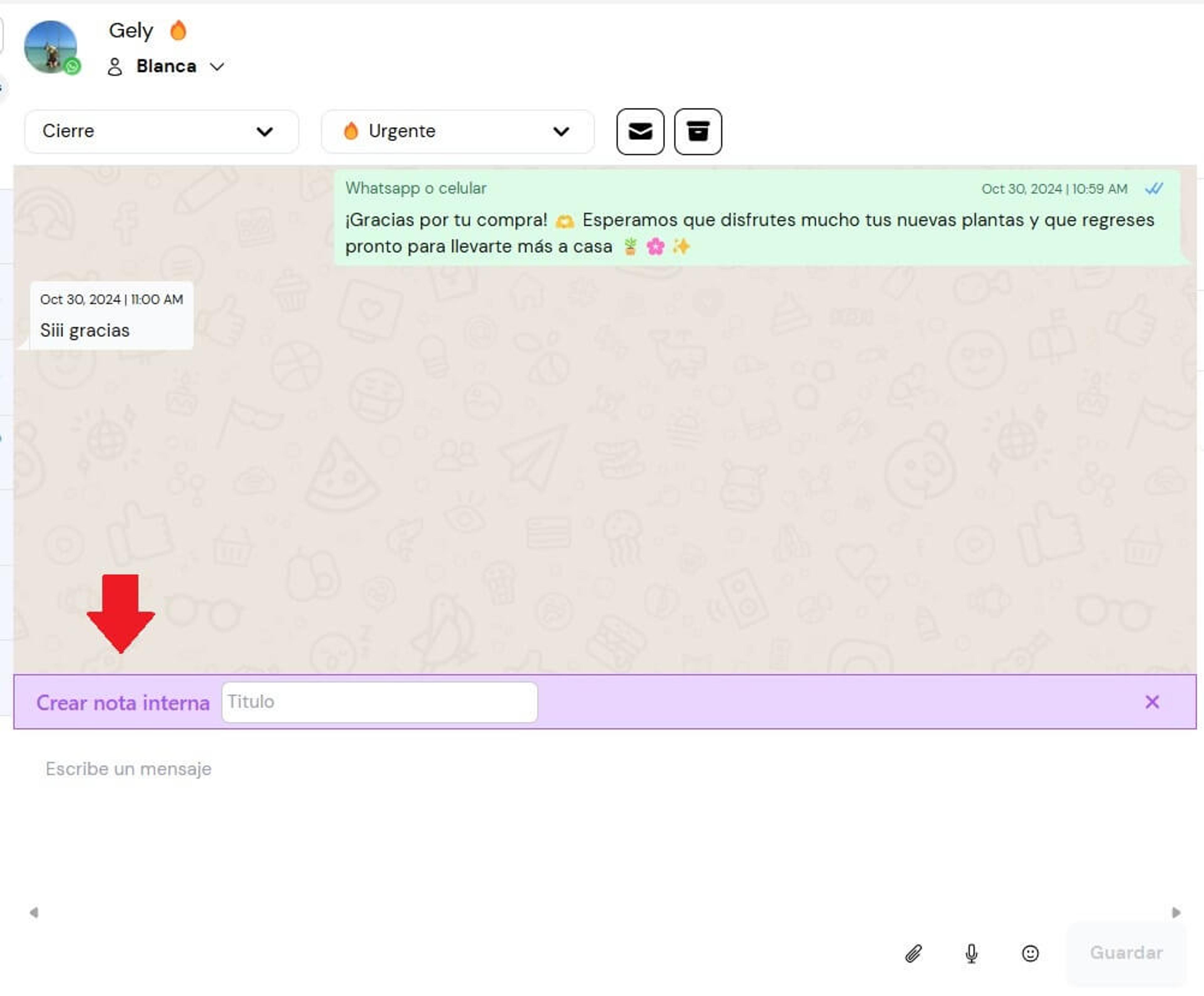 Notas internar en chat de Leadsales CRM