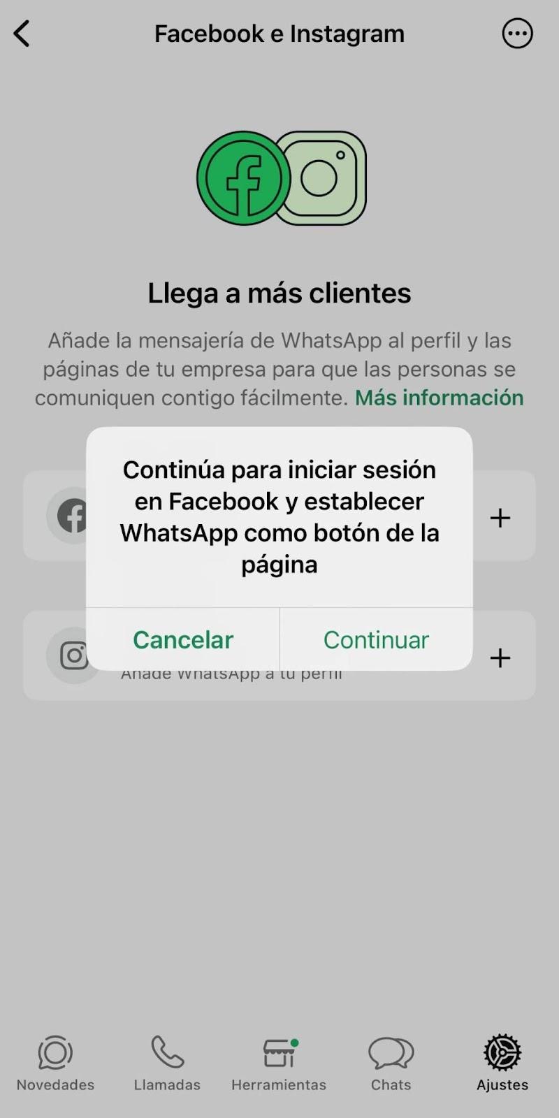 Pantalla para vincular WhatsApp a Facebook