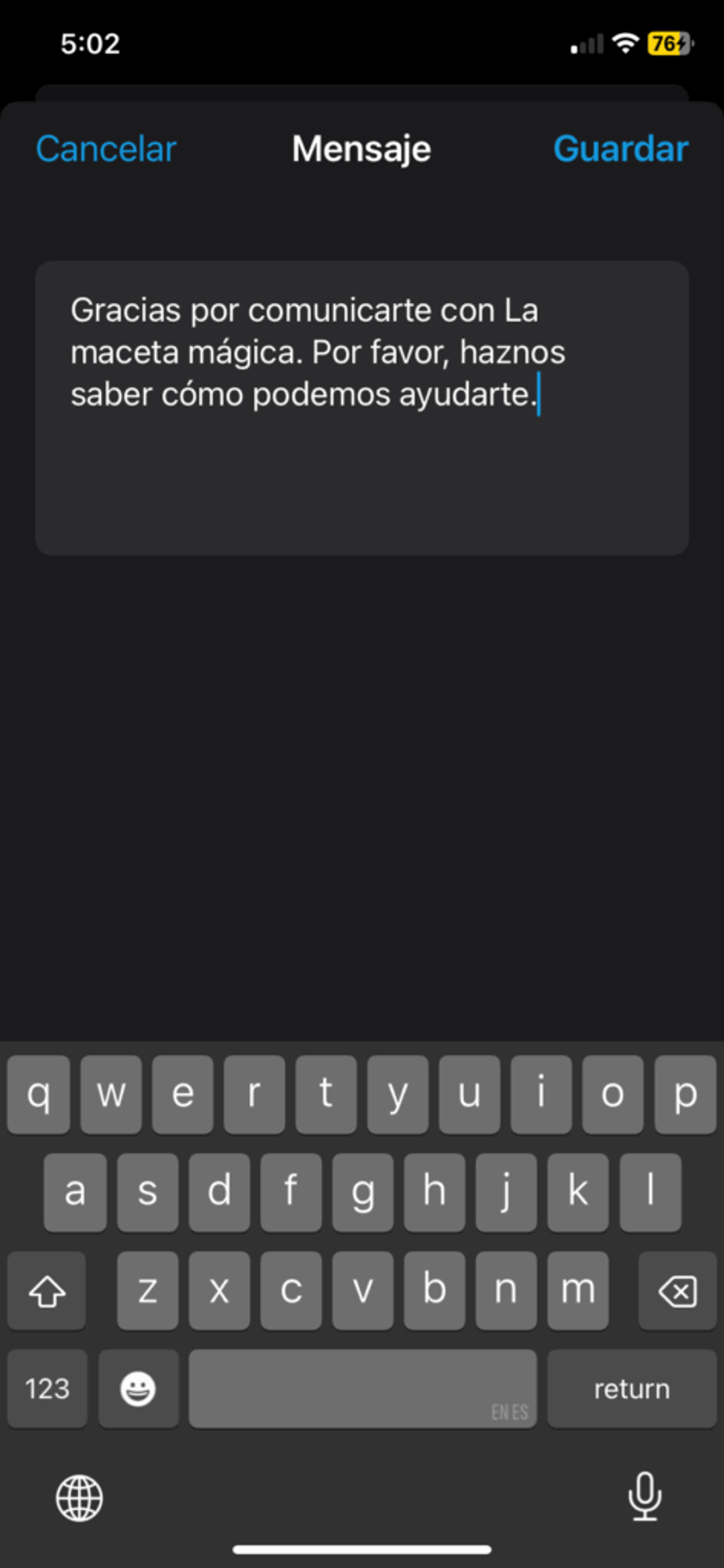 Pantalla de creación del Mensaje de bienvenida con campo para crear mensaje visible