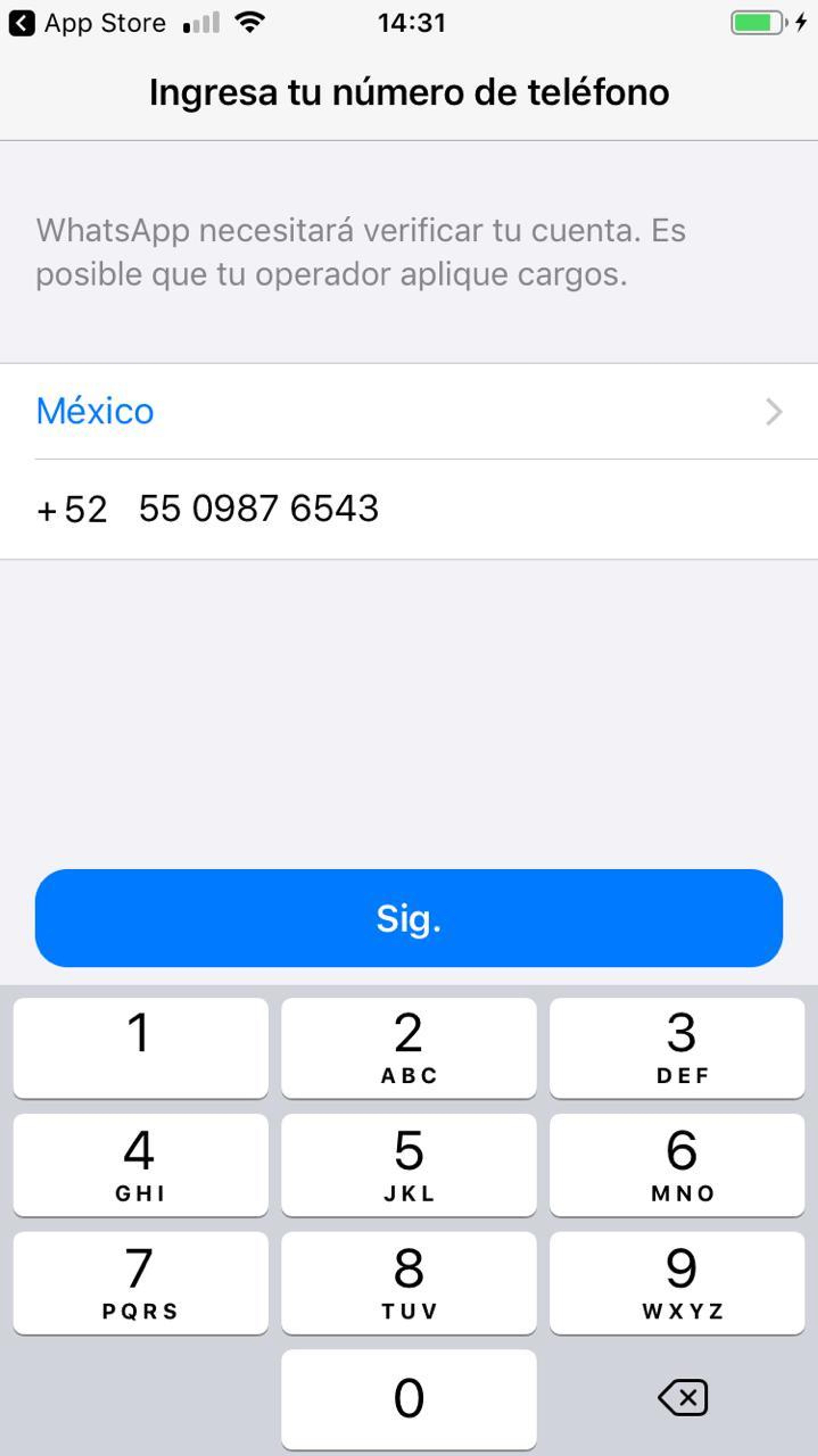 Pantalla de ingreso de número de teléfono en WhatsApp