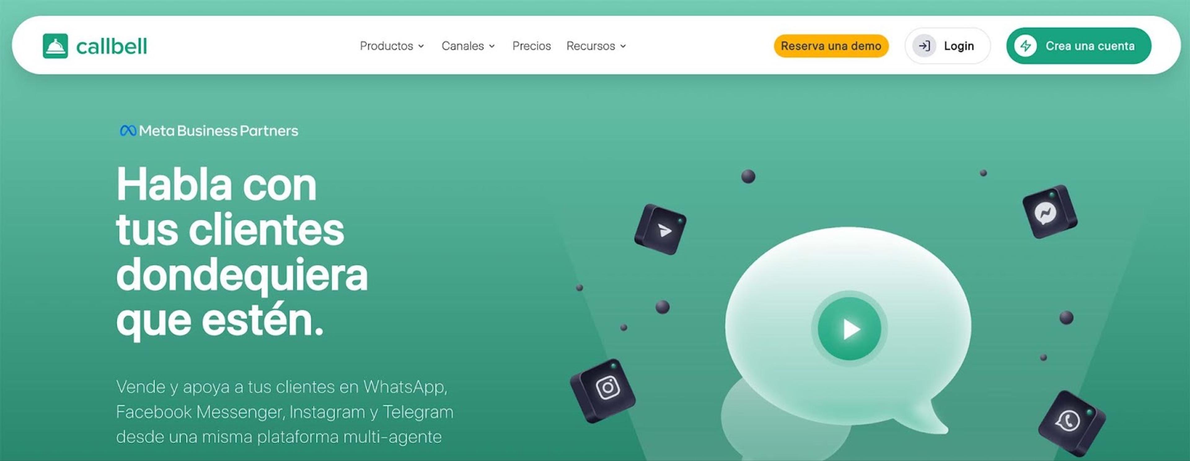 Captura de pantalla de la sección de inicio de la página web de Callbell