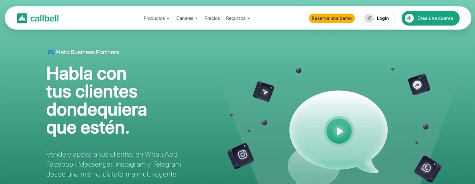 Captura de pantalla de la sección de inicio de la página web de Callbell