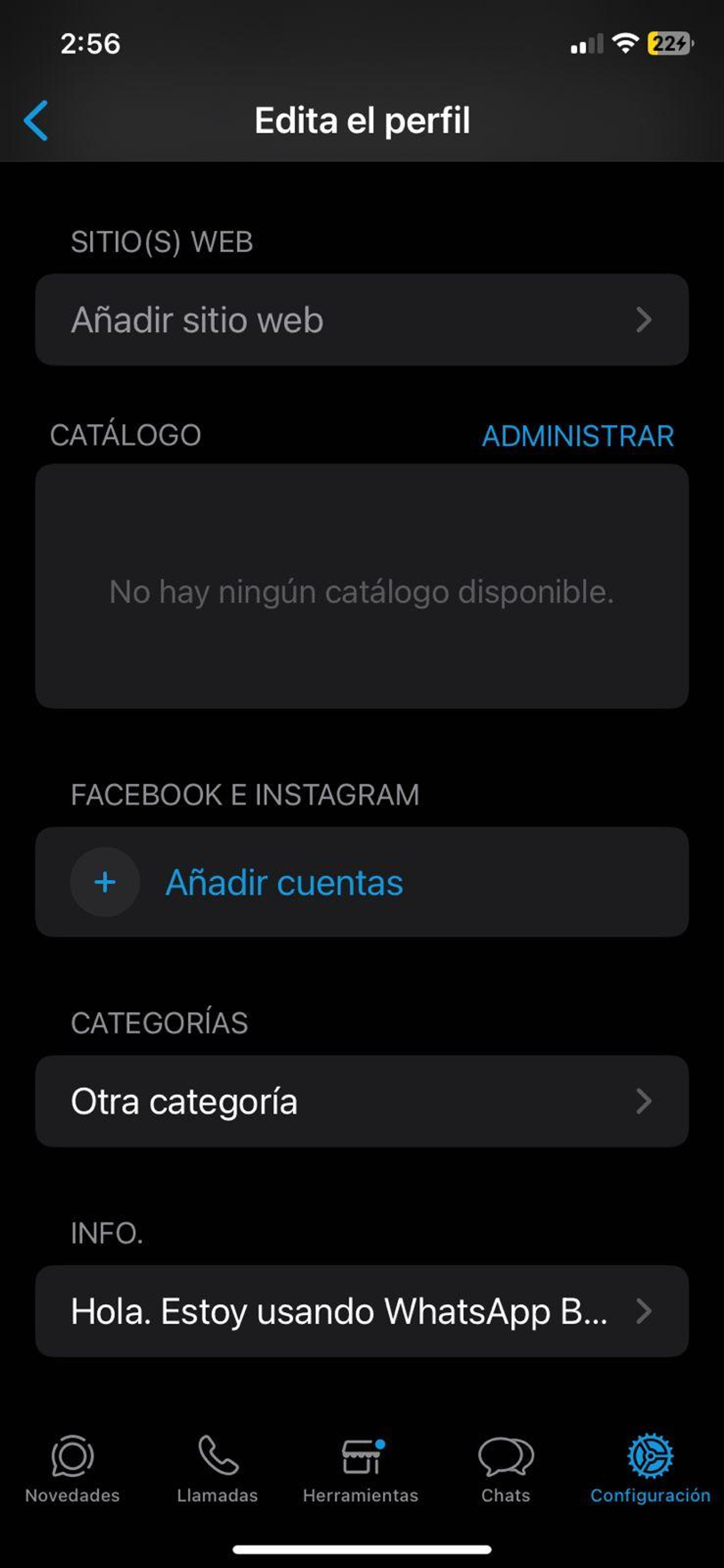 Pantalla para edición del perfil de empresa