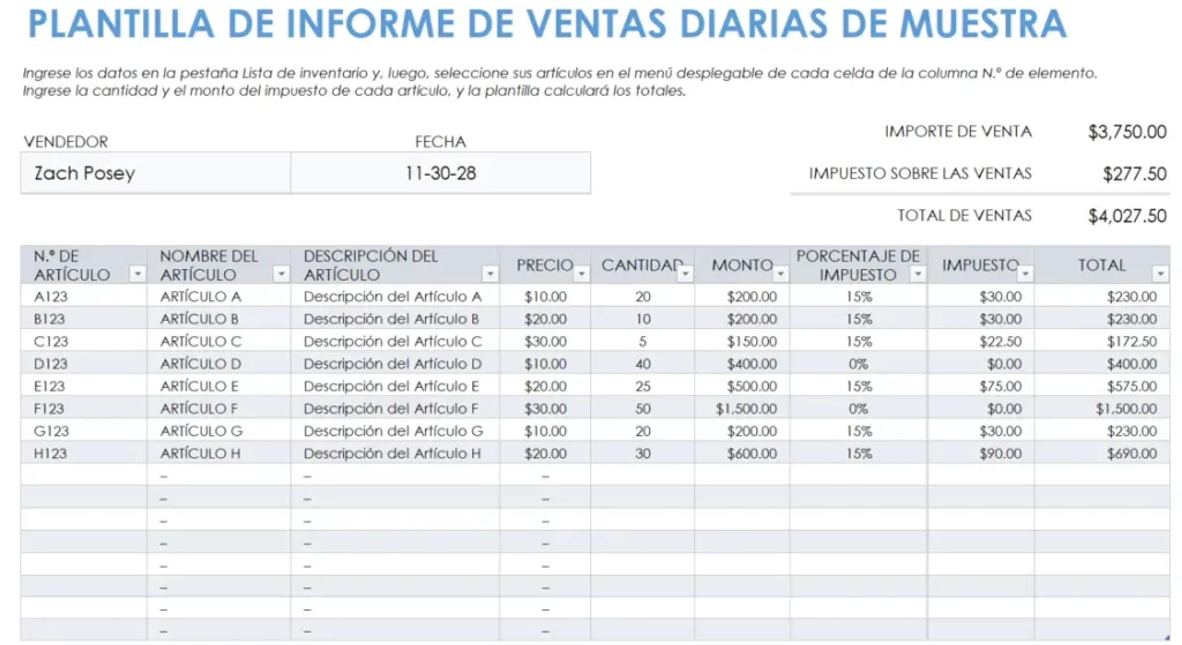 Plantilla para informe de ventas diarias