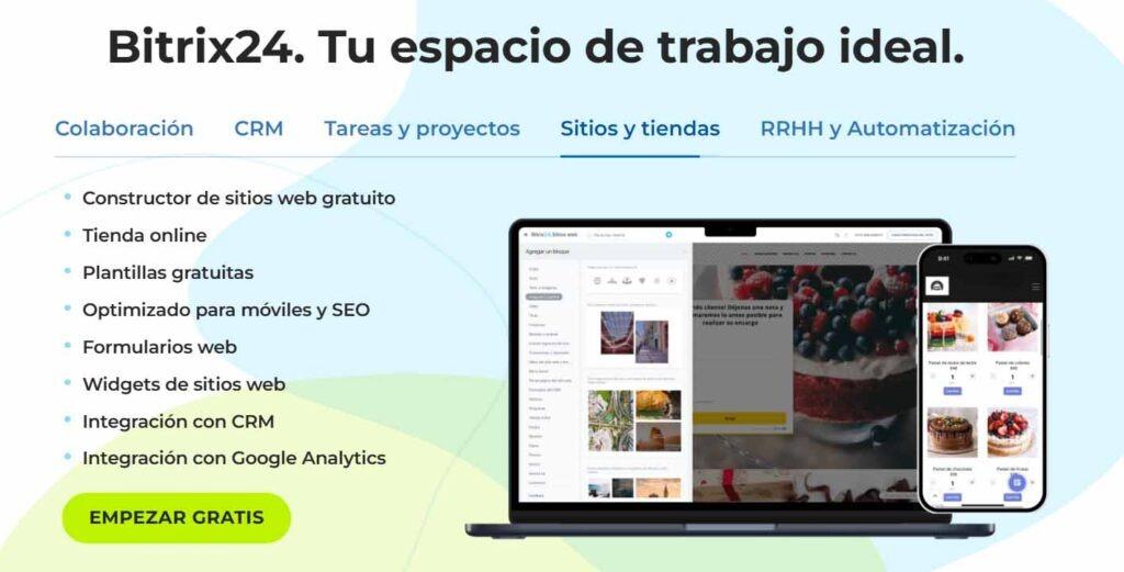 Interfaz de Bitrix24 mostrando su constructor de sitios web y tienda online, una de las alternativas a Whato CRM