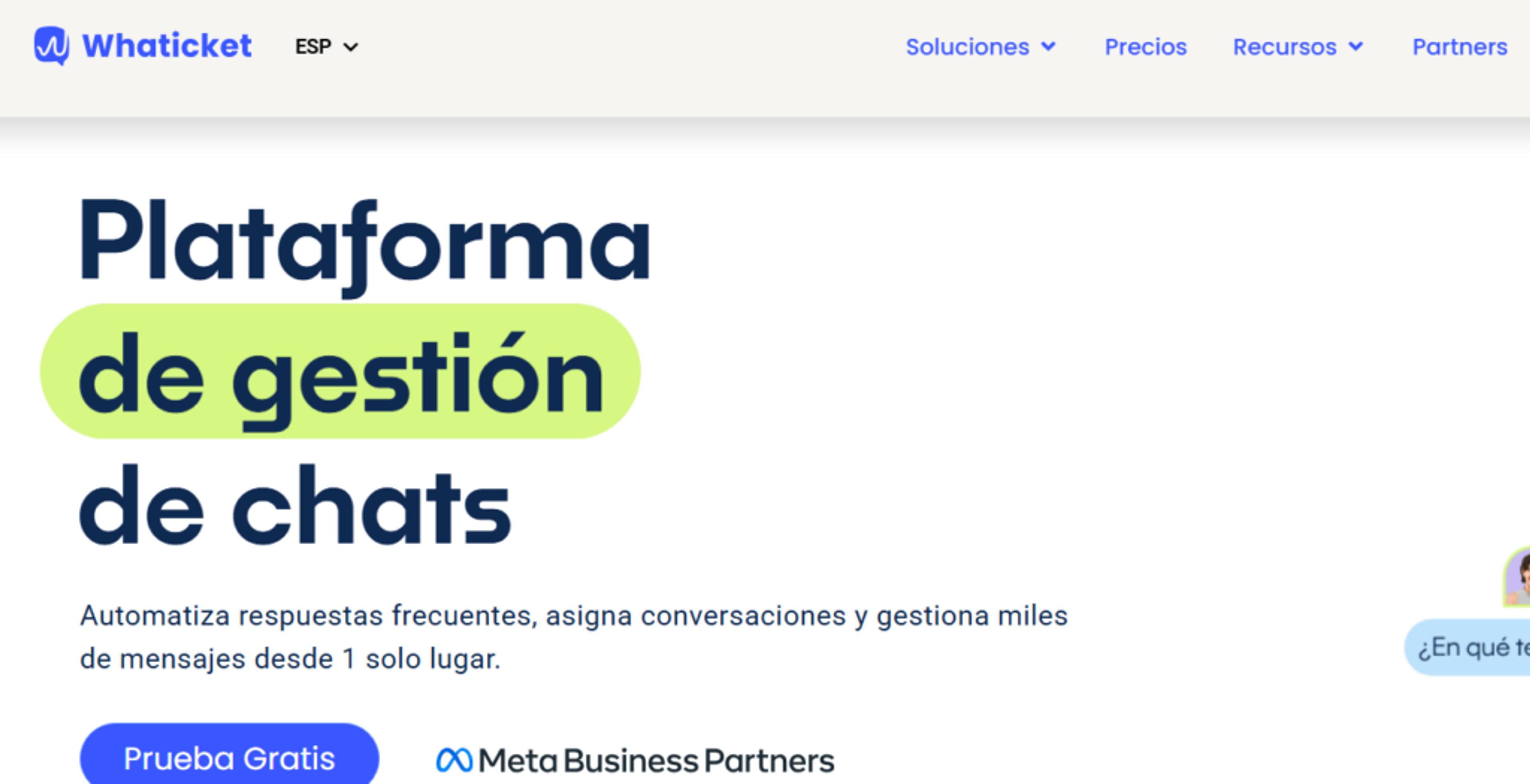 Pantalla de Whaticket con información sobre plataforma de gestión de chats