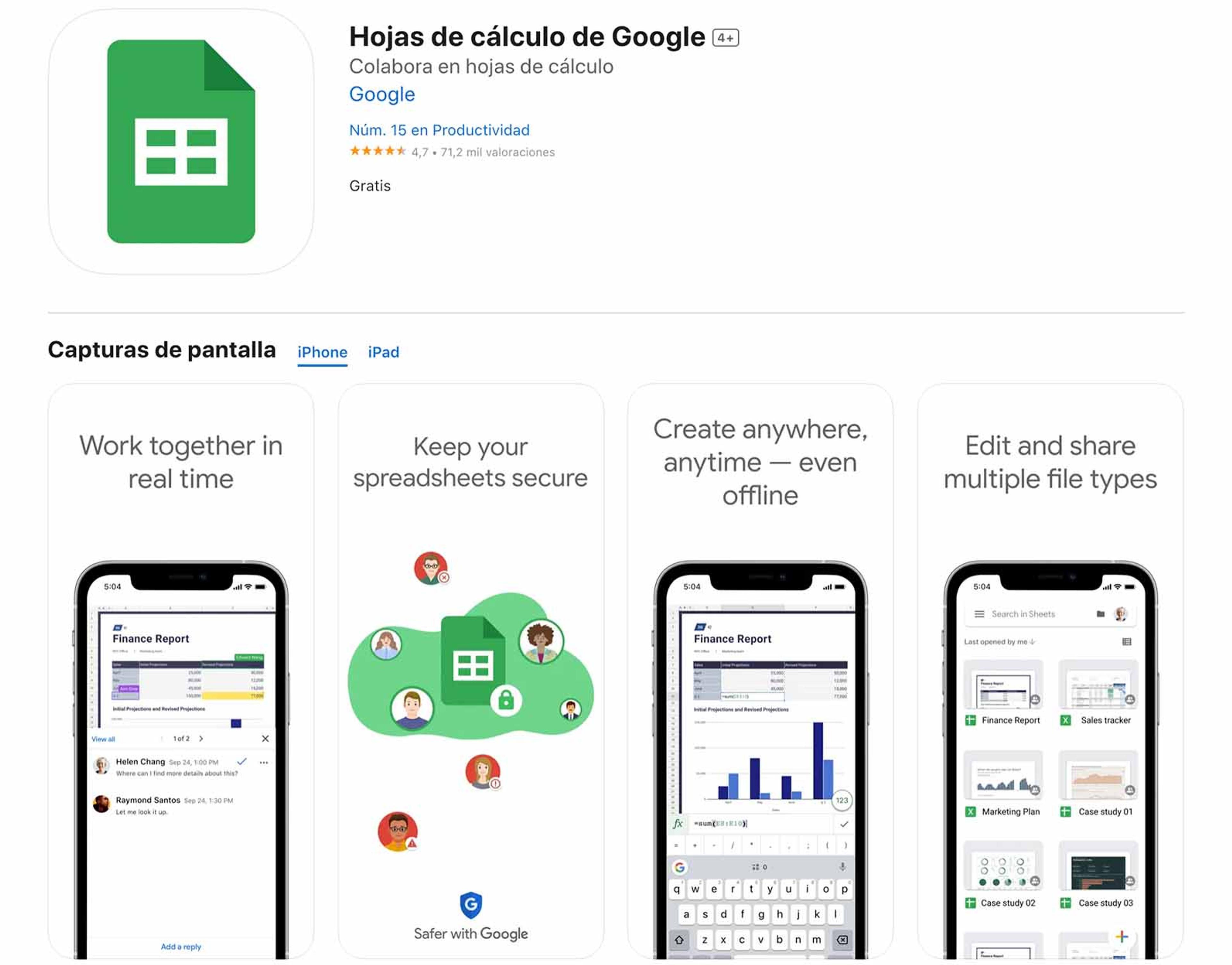 Captura de pantalla de la App Store de iOS mostrando la app Hojas de cálculo de Google