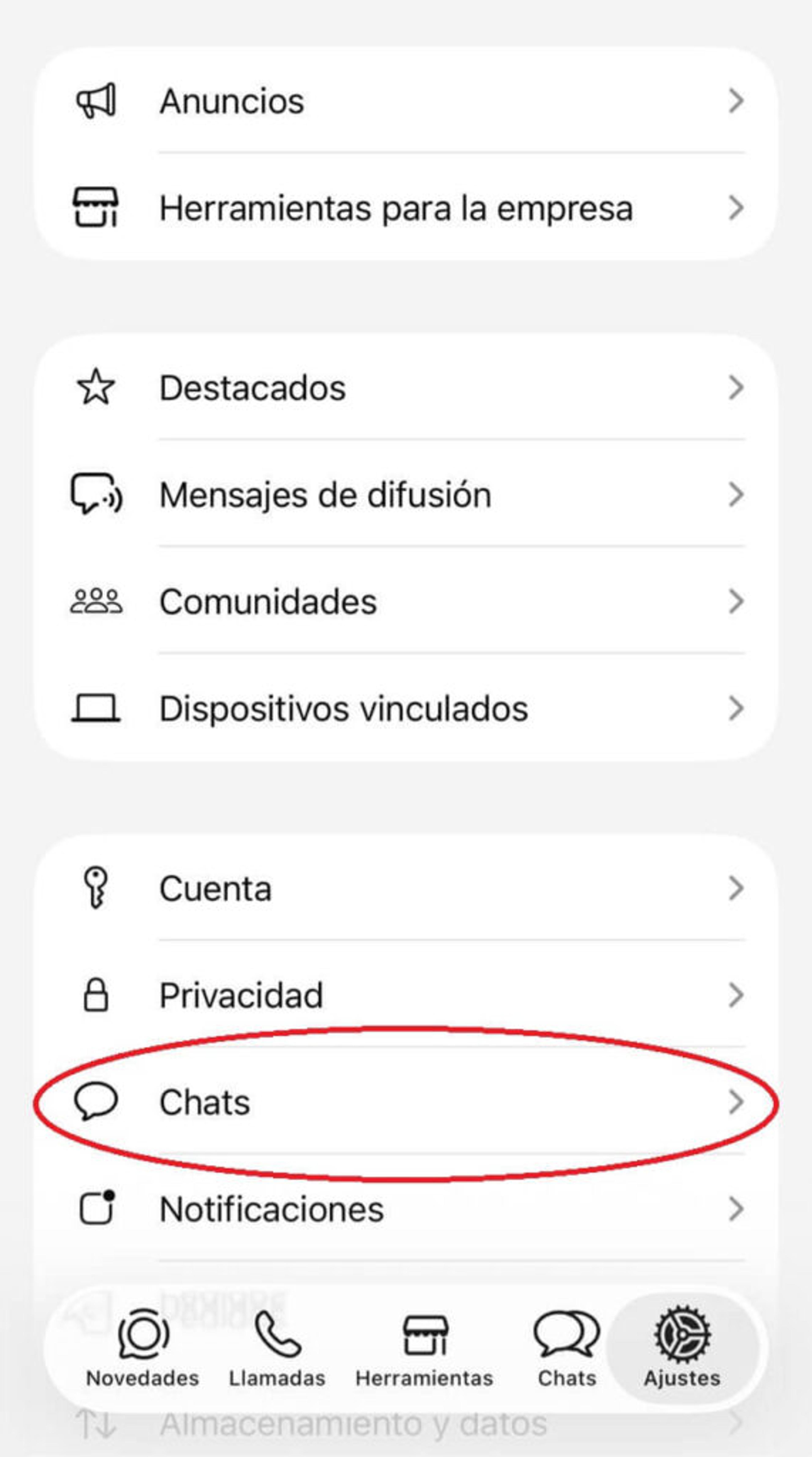 Menú de Ajustes de WhatsApp Business en iPhone con la opción Chats resaltada en círculo rojo
