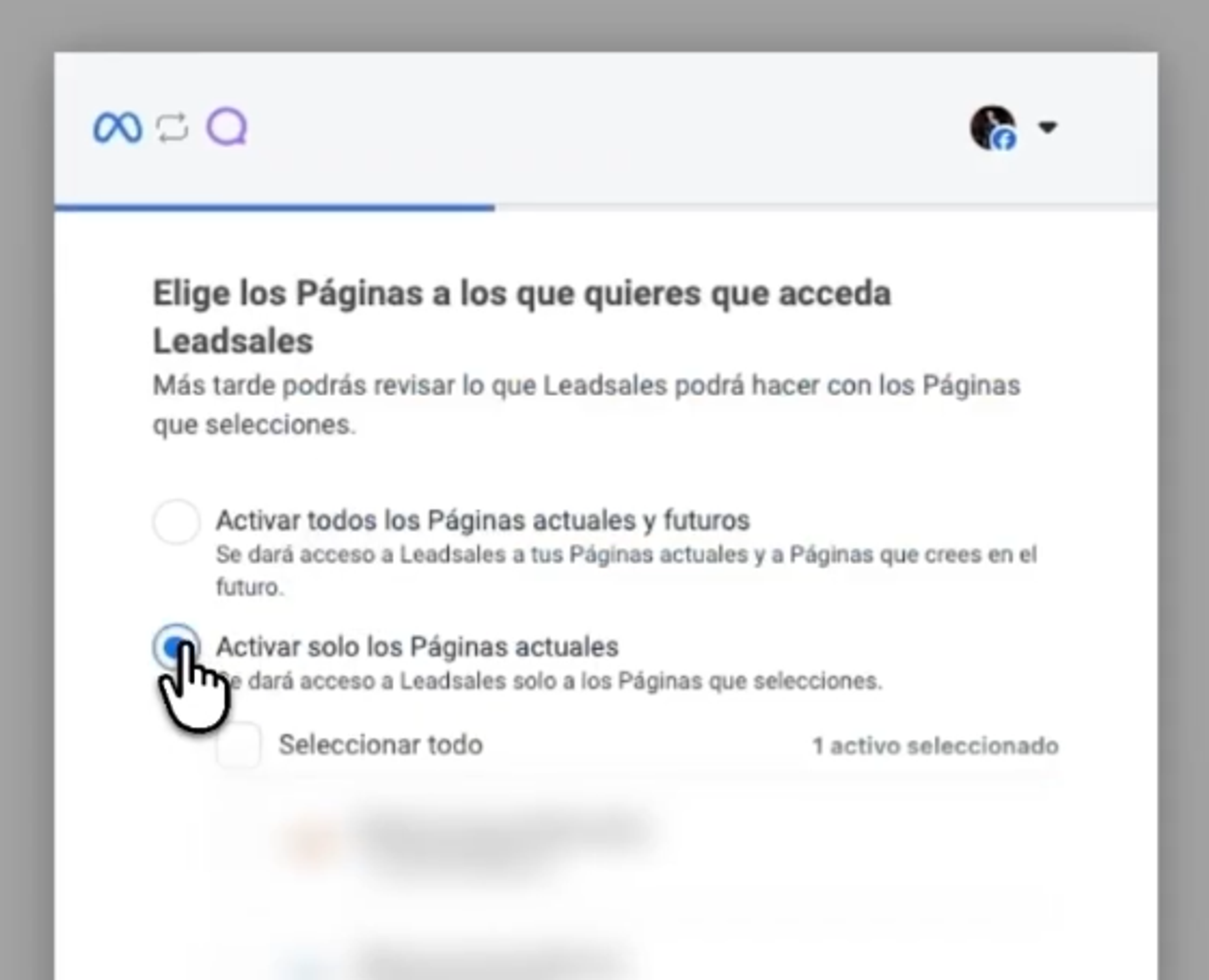 Selección de página de Facebook para conectar a Leadsales CRM
