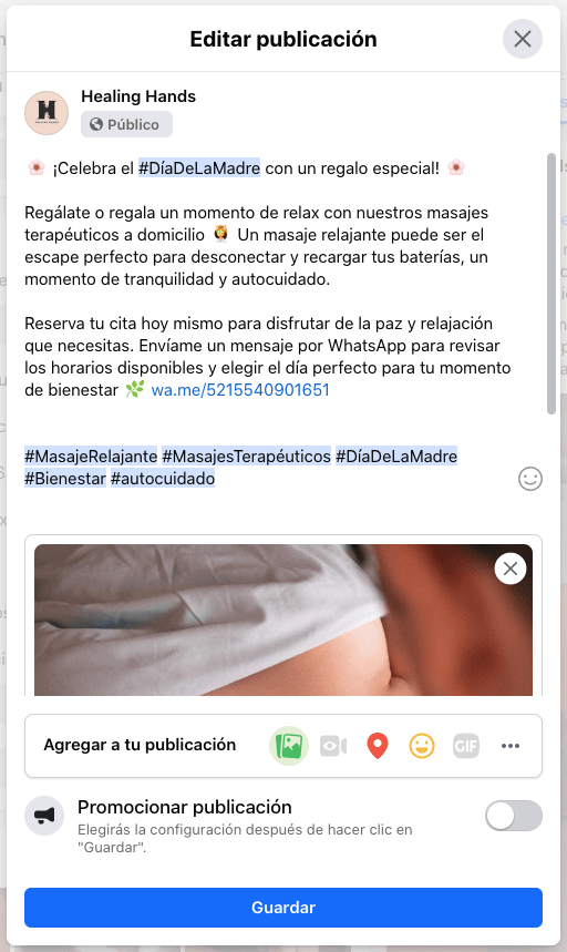 Pantalla para agregar link de WhatsApp en texto de publicación de Facebook