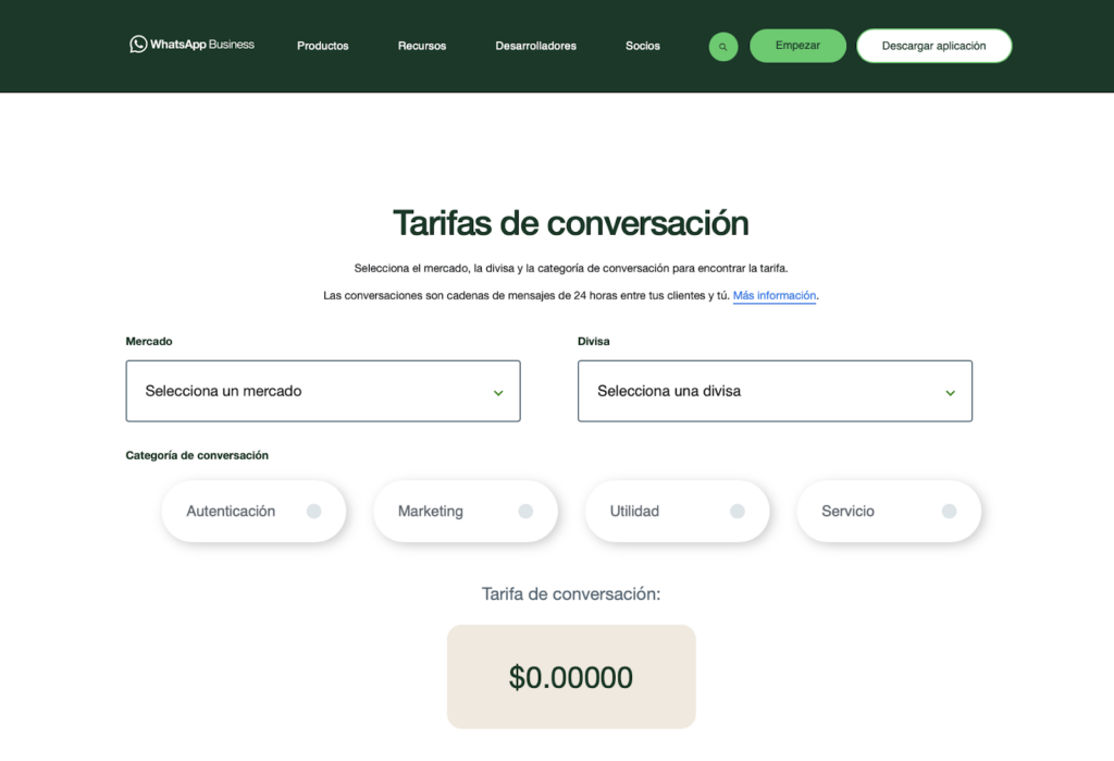Captura de pantalla de la página web de WhatsApp Business que muestra las tarifas de conversación por tipo de mensaje para WhatsApp API.
