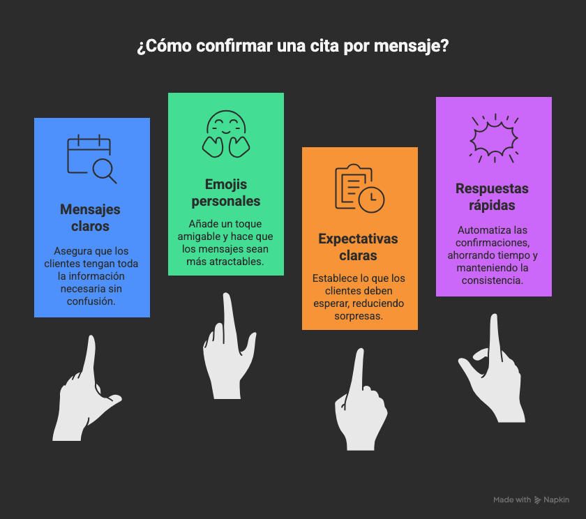 Infografía con cuatro consejos para confirmar una cita por WhatsApp: mensajes claros, emojis personales, expectativas claras y respuestas rápidas, cada uno con su ícono representativo.
