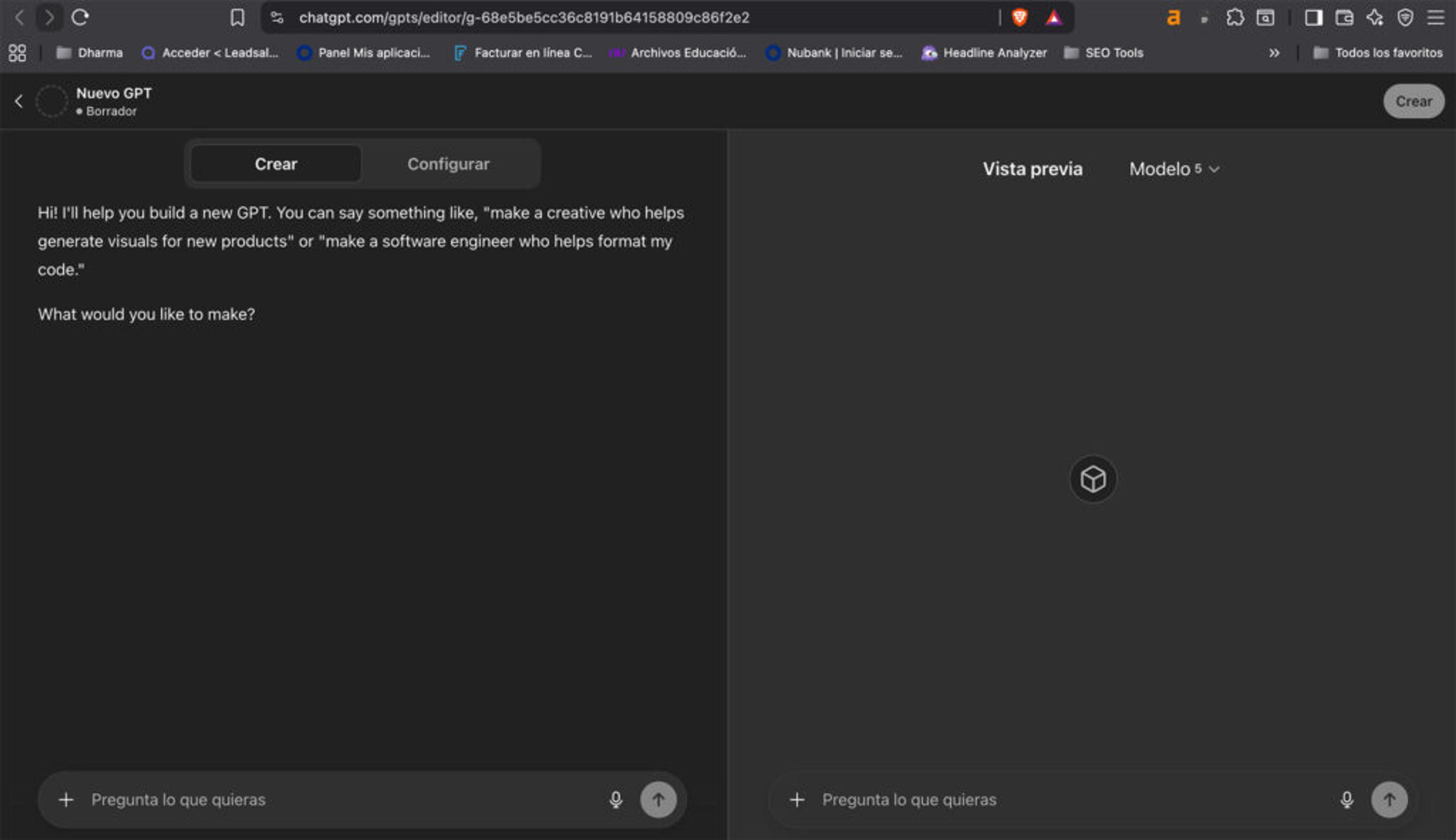 captura de pantalla del primer paso en el creador de gpt de chatgpt: entrar al creador de gpt