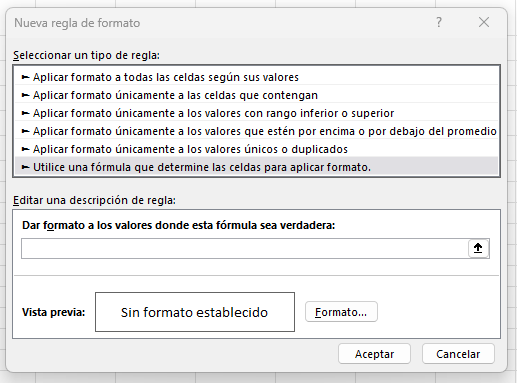 Configuración de formato condicional en Excel de control de ventas