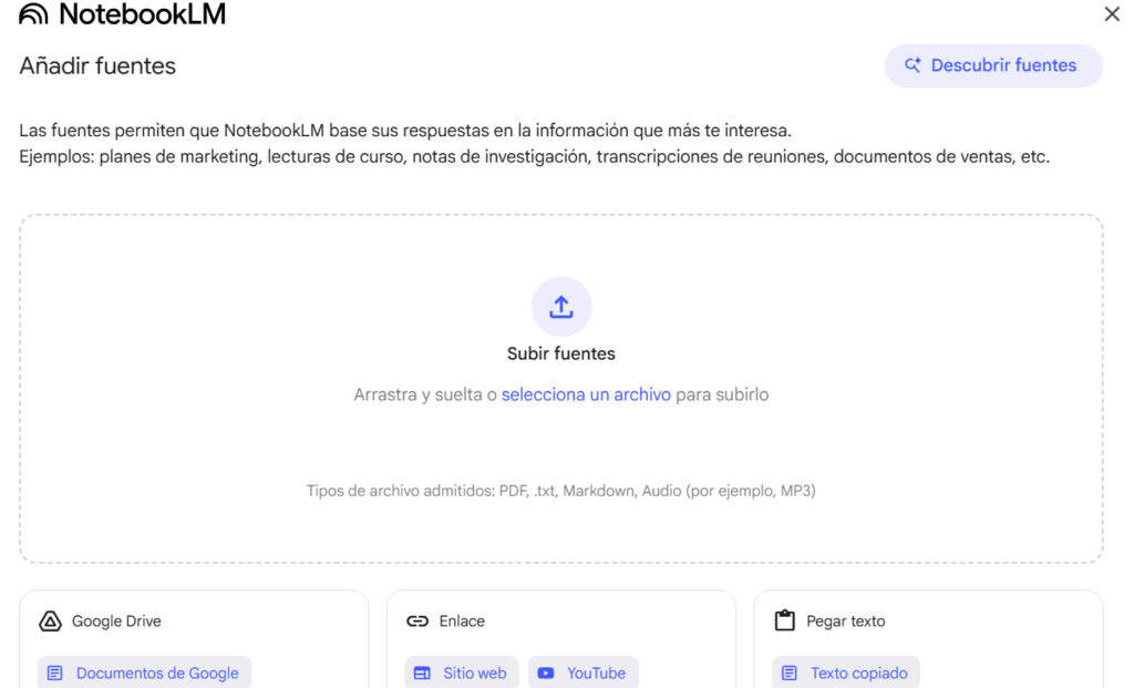 Pantalla para subir documentos a NotebookLM