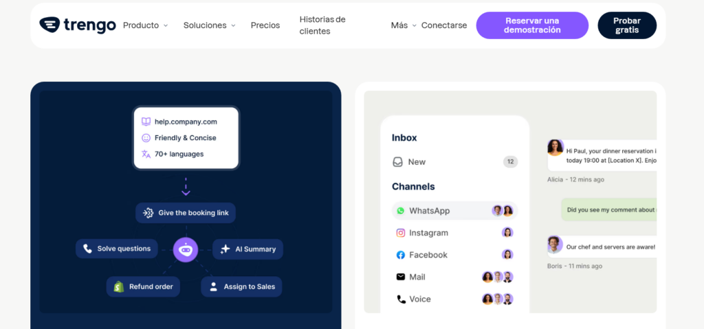 Página de Trengo con bandeja multicanal para WhatsApp, Instagram, Facebook, correo y voz