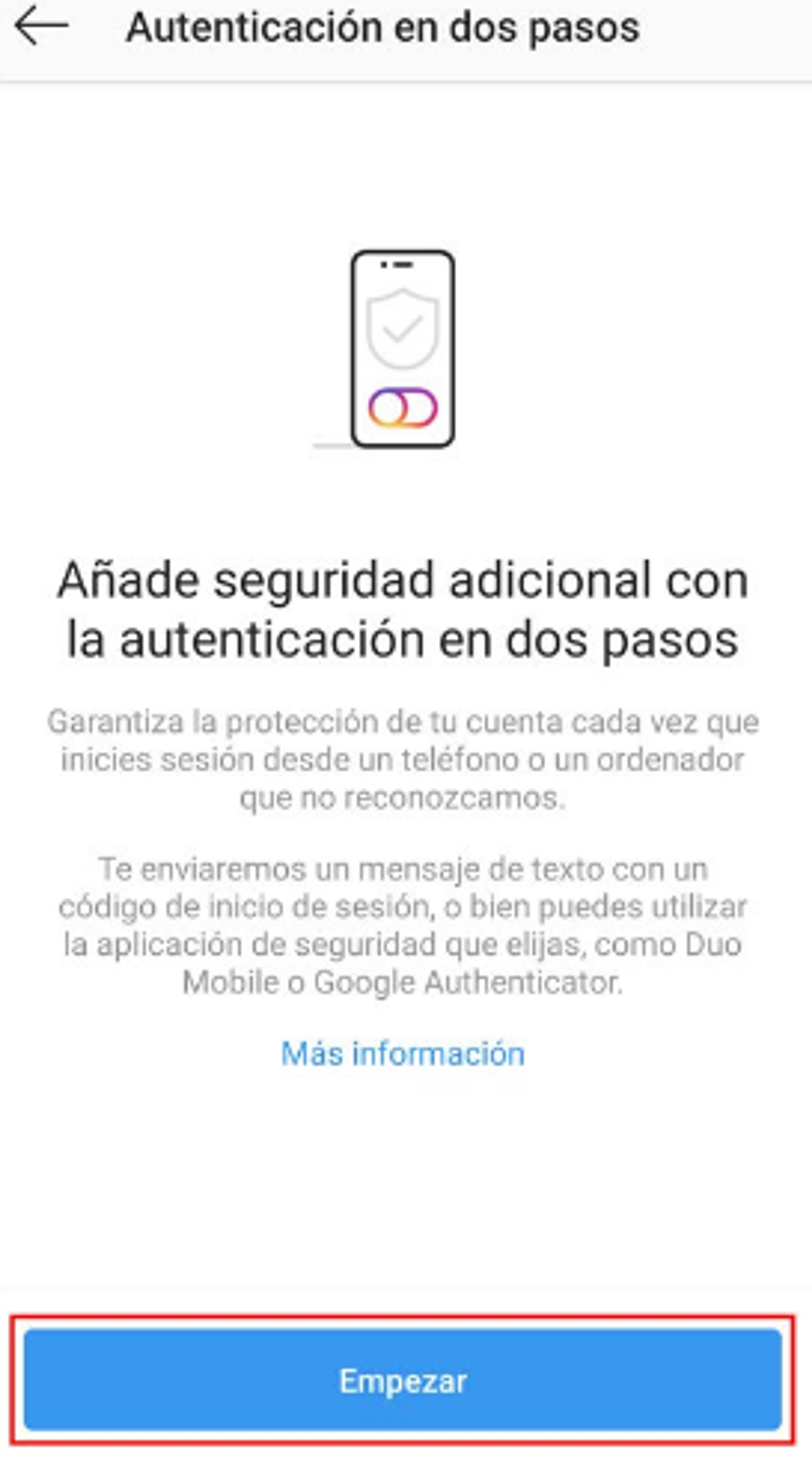 Pantalla de Instagram para autenticación en dos pasos