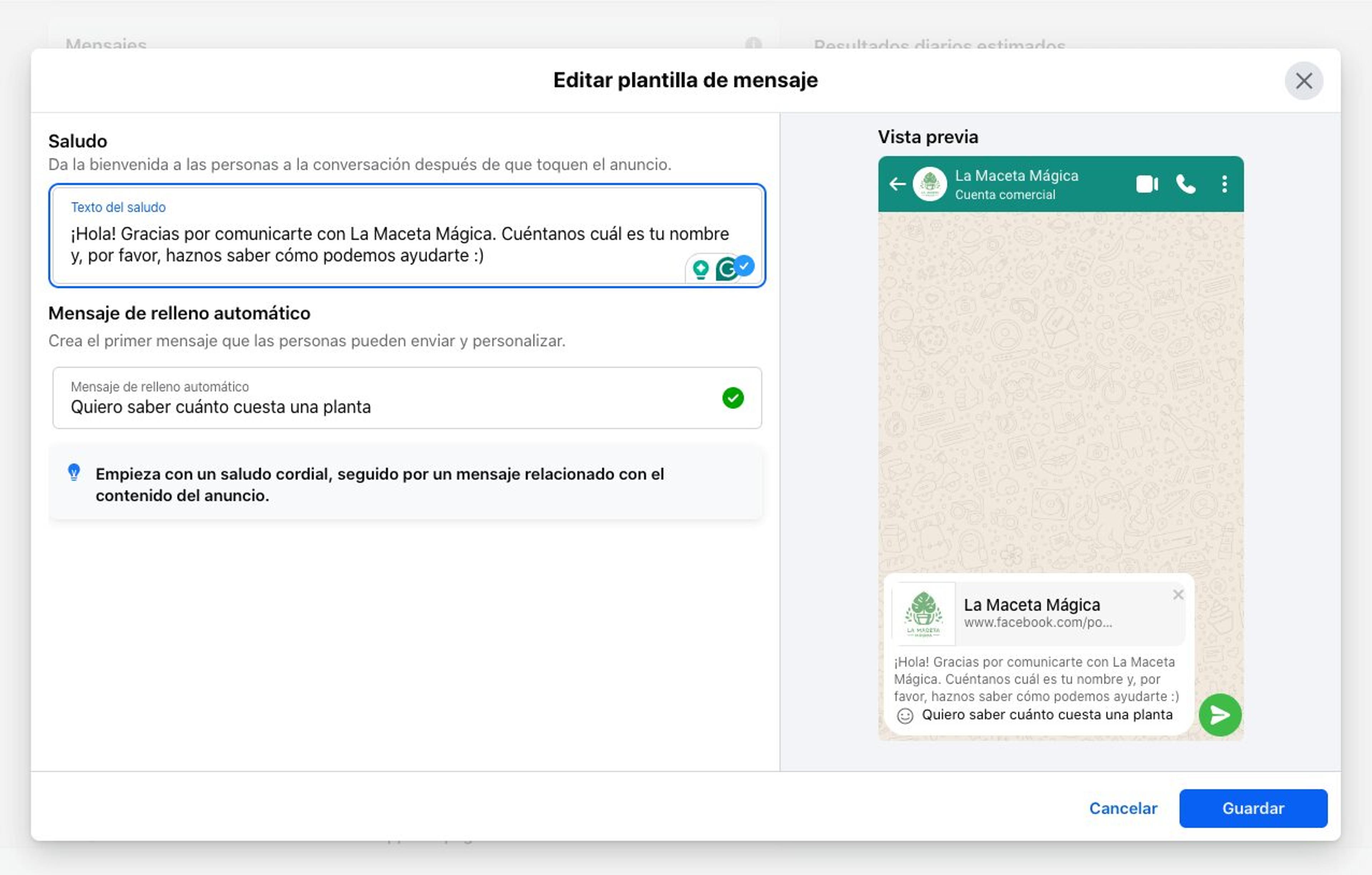 Captura de pantalla del quinto paso para configurar un anuncio con CTA a WhatsApp: escribe un mensaje de bienvenida