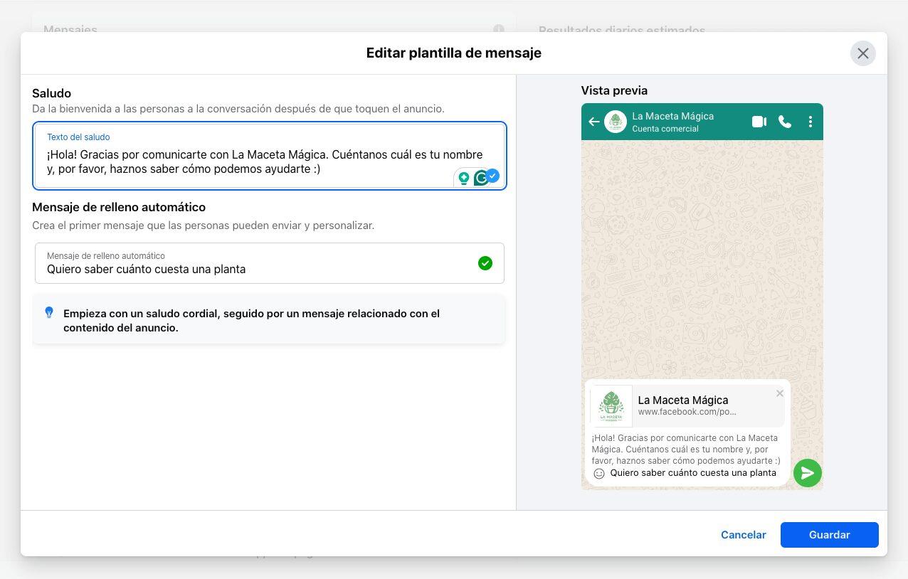 Captura de pantalla del quinto paso para configurar un anuncio con CTA a WhatsApp: escribe un mensaje de bienvenida