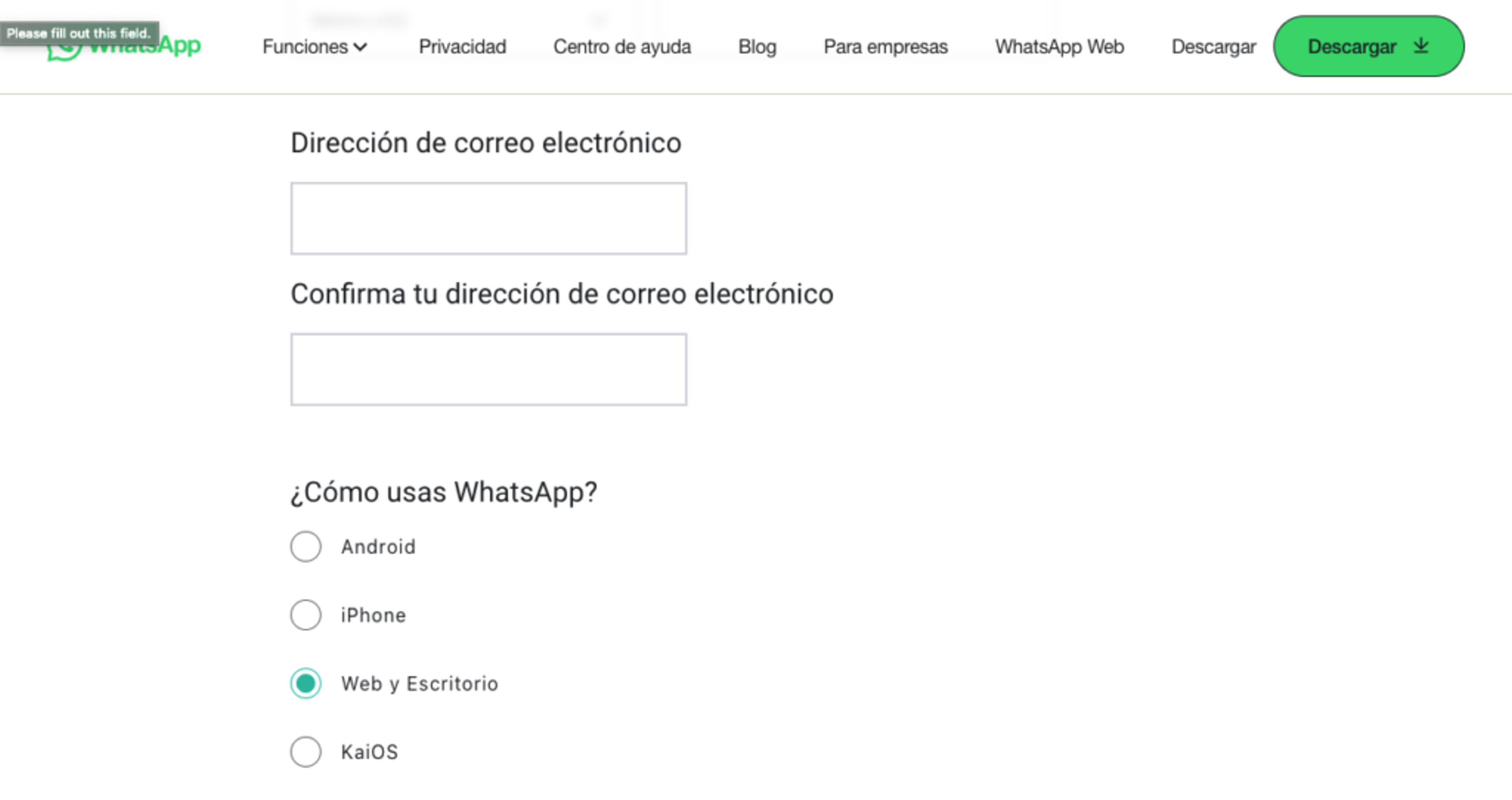 Pantalla de página de contacto de WhatsApp