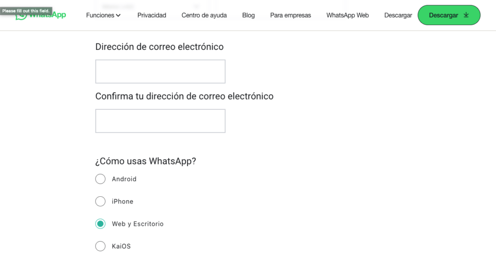 Pantalla de página de contacto de WhatsApp