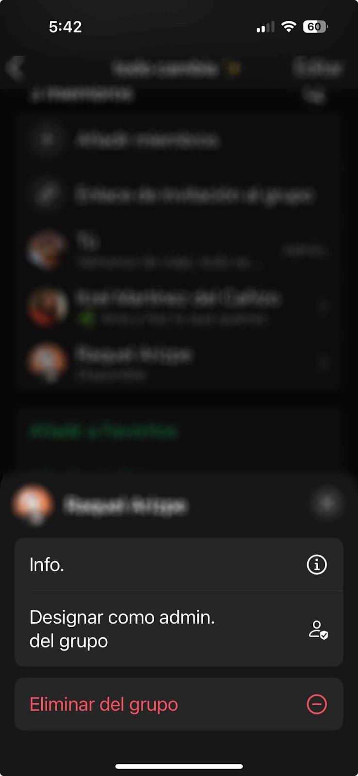 Menú de opciones de un miembro del grupo en WhatsApp con las opciones Info., Designar como admin. del grupo y Eliminar del grupo