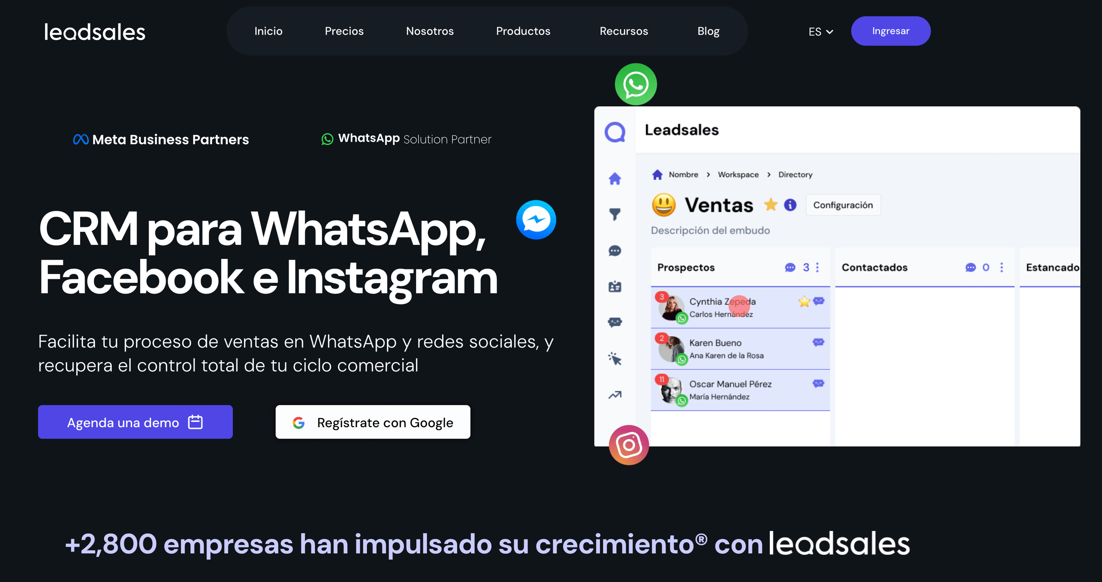Captura de pantalla de la sección de inicio de la página web de Leadsales