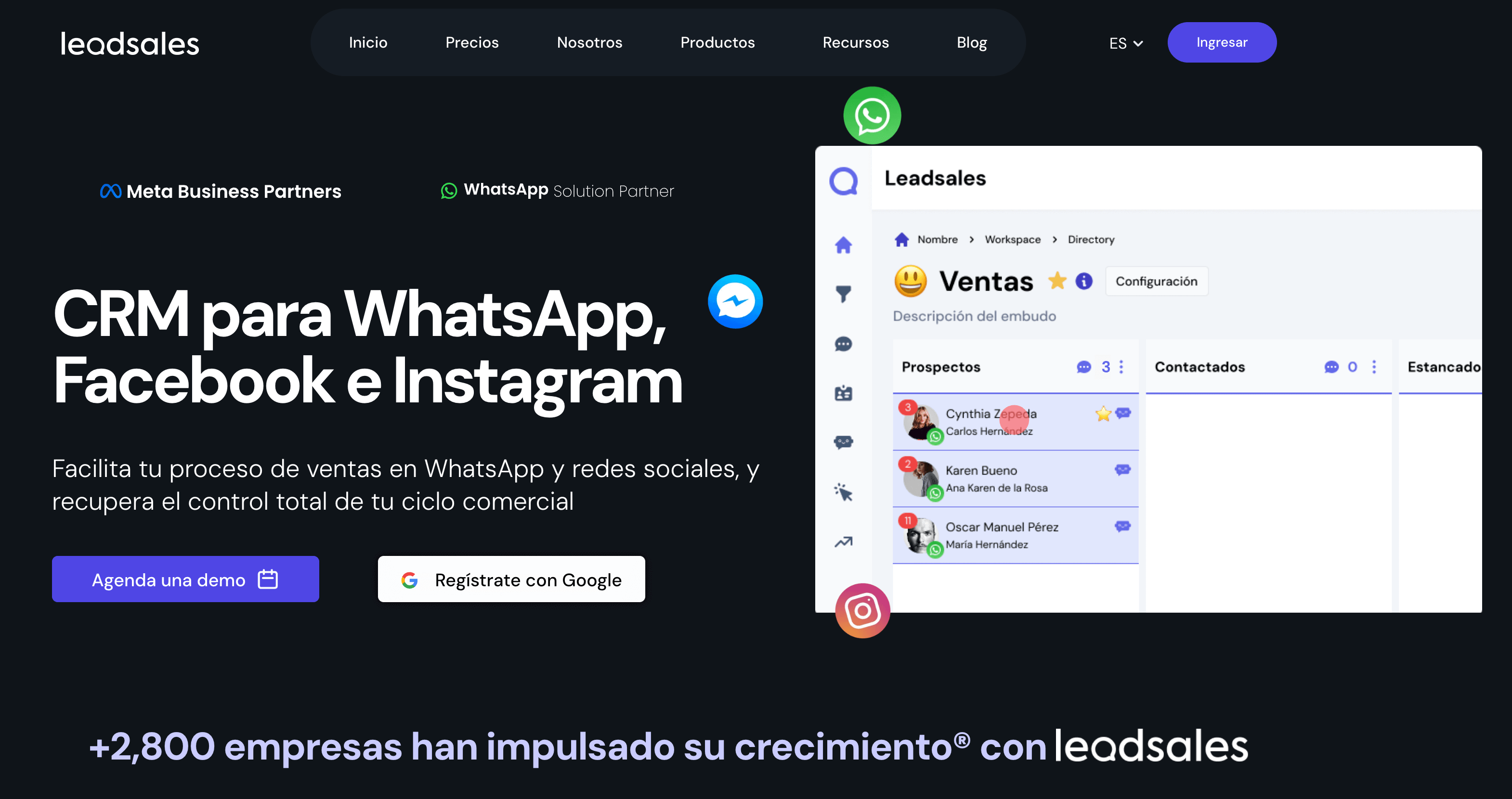 Captura de pantalla de la sección de inicio de la página web de Leadsales