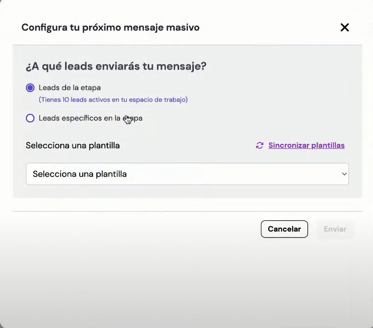 Pantalla para configurar destinatarios de mensajes masivos en Leadsales