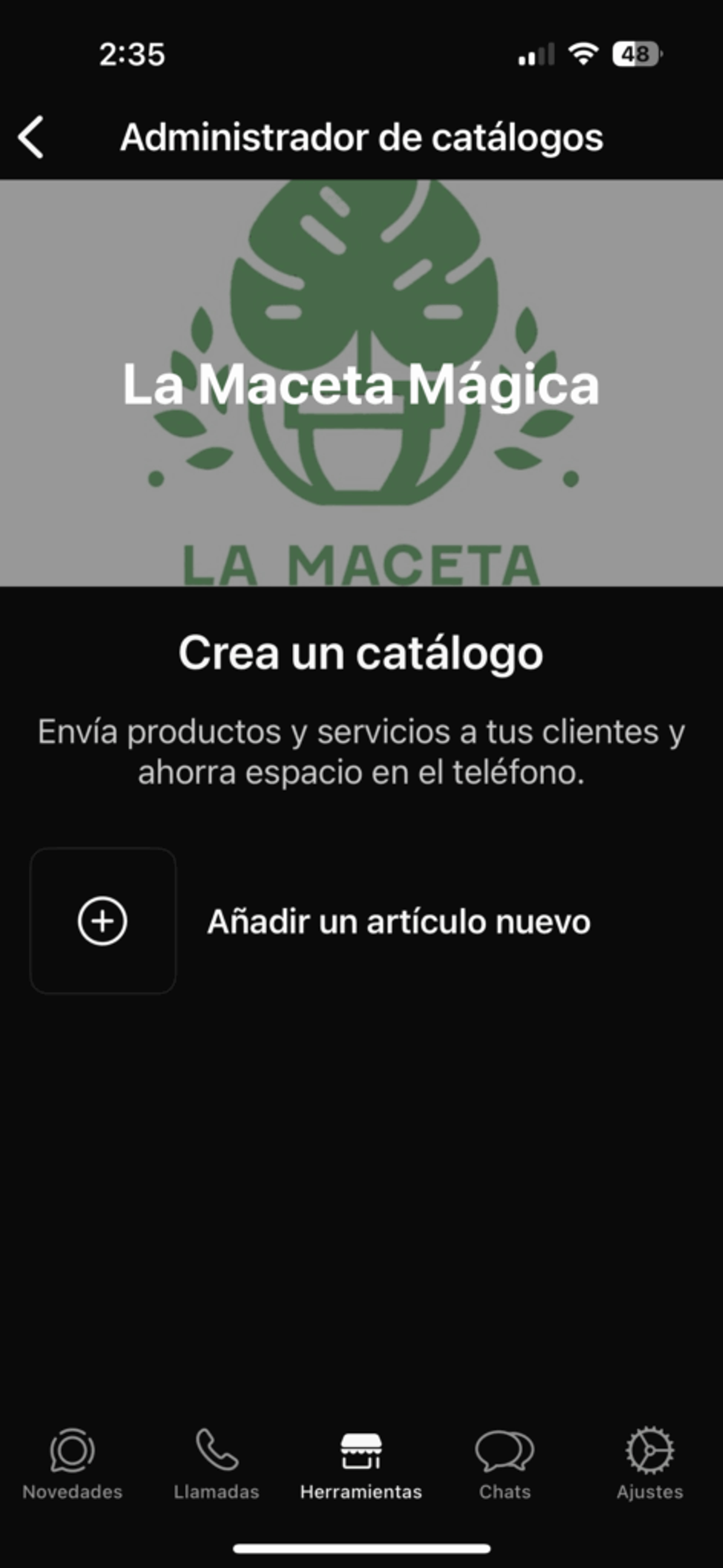 Pantalla del Administrador de catálogos de WhatsApp Business con el botón