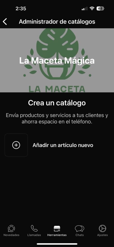 Pantalla del Administrador de catálogos de WhatsApp Business con el botón