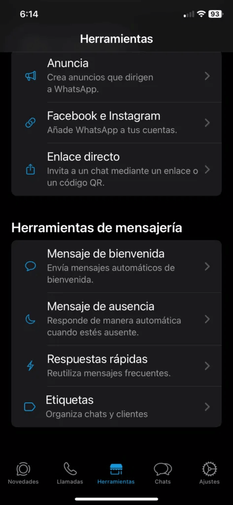 Pantalla de herramientas de WhatsApp Business