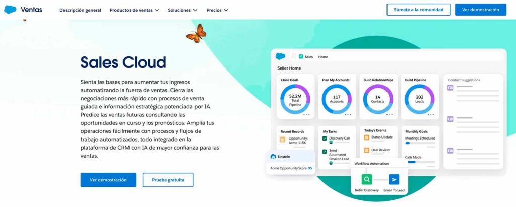 Sitio web de Salesforce Sales Cloud, CRM empresarial alternativo a Optiwe para ventas y soporte